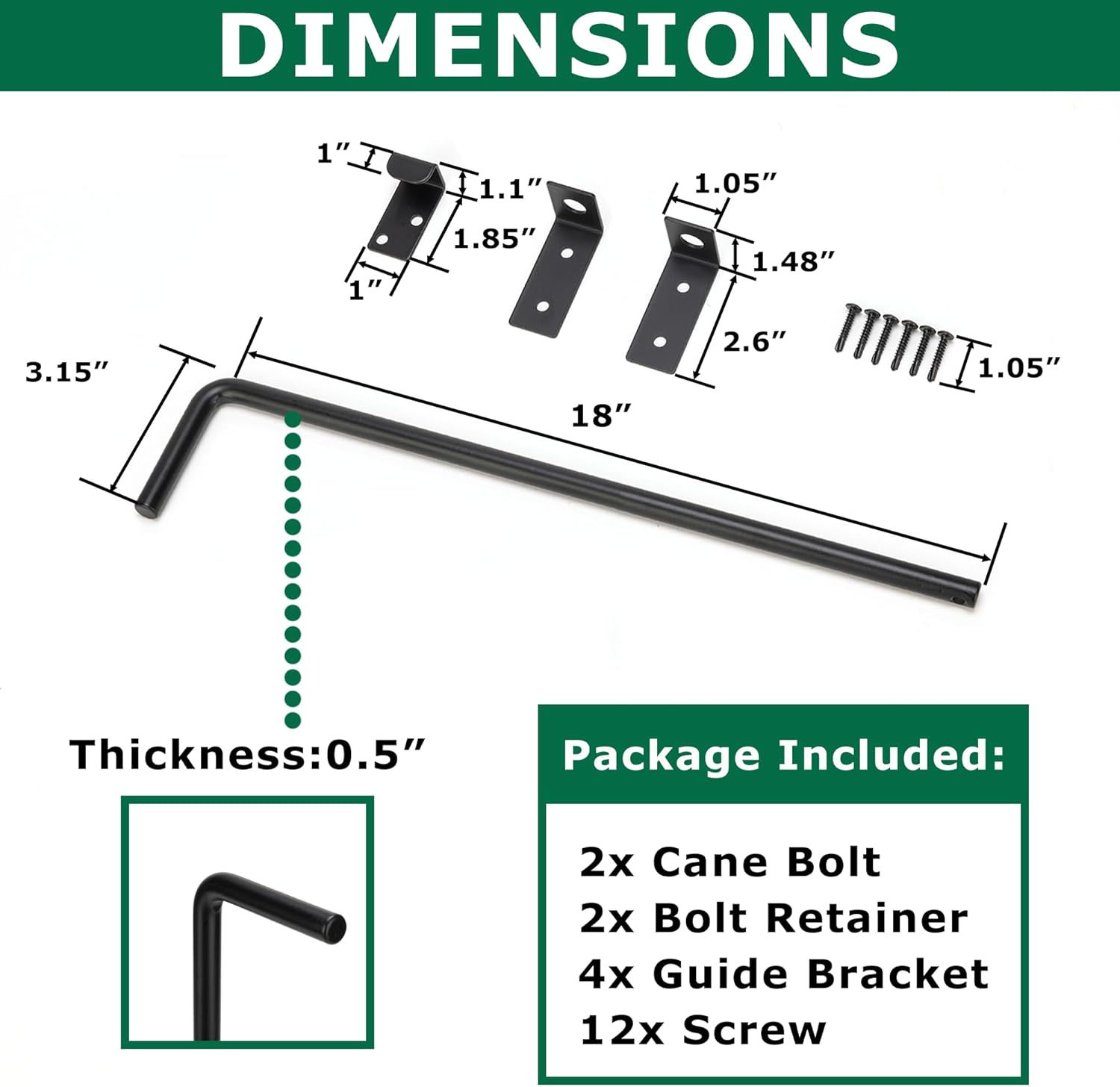 18-inch Heavy Duty Cane Bolt Gate Drop Rod Kit with Square Design