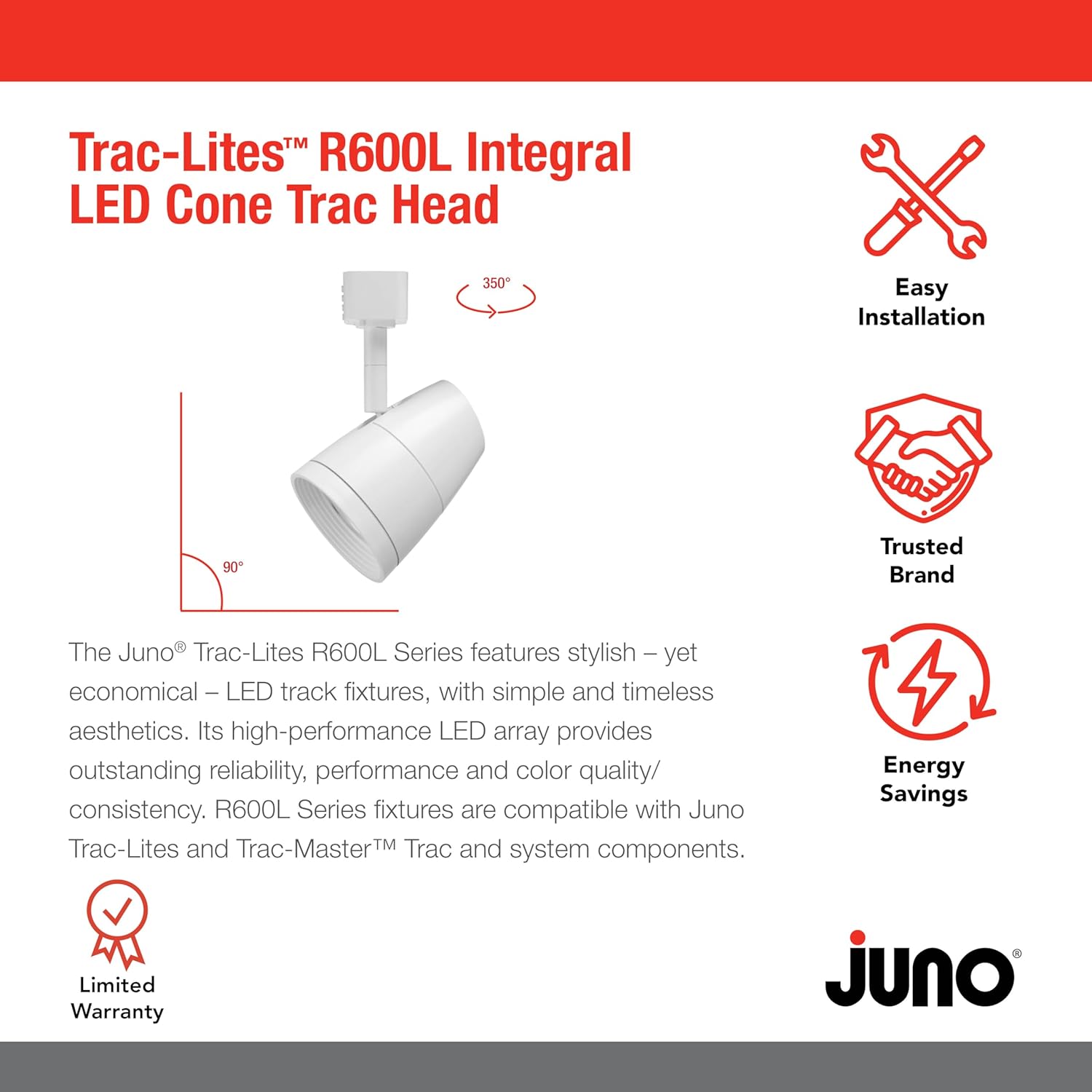 Juno R600L G2 2700K 95W LED Track Light Head
