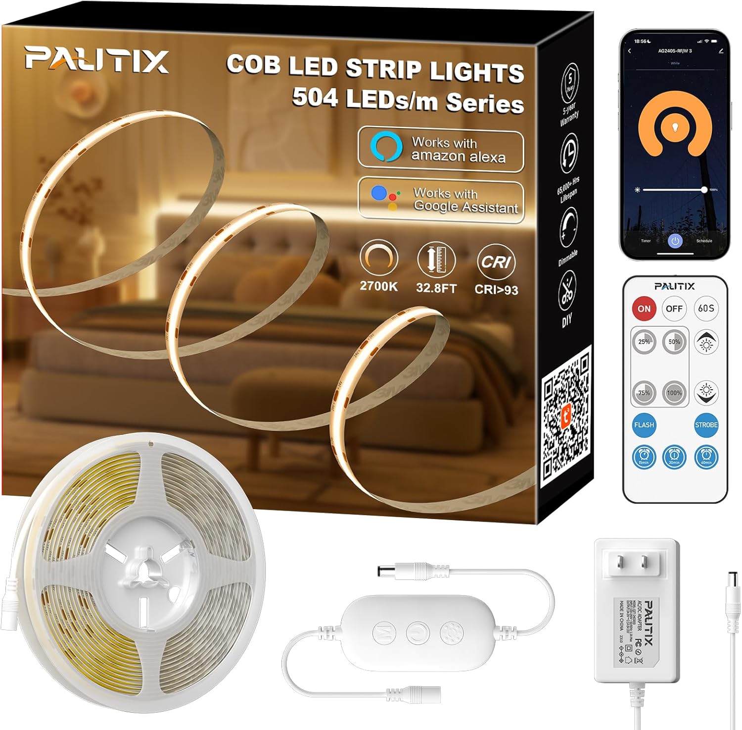 PAUTIX Dimmable 2700K Warm White COB LED Strip Light 504LEDsm