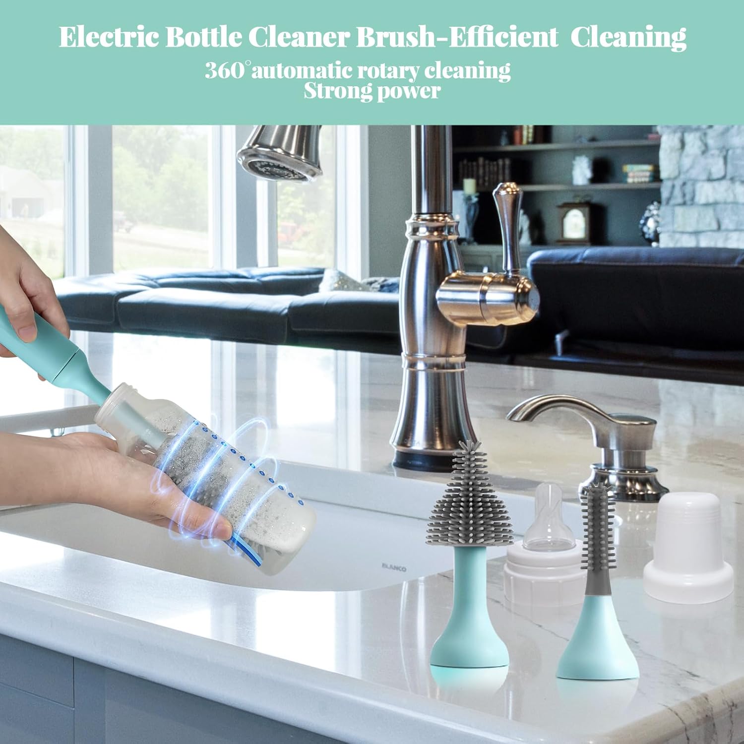 Electric Bottle Brush Cleaner with USB Rechargeable and 3 Replaceable Silicone Brushes Blue