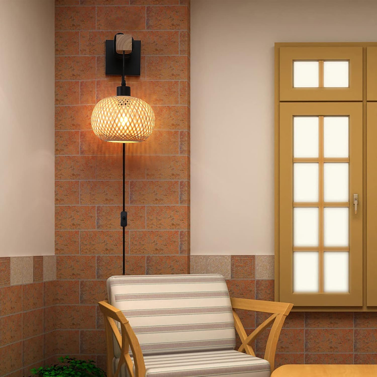 Farmhouse Rattan Wall Sconce with Bamboo Shade and Wood Beam