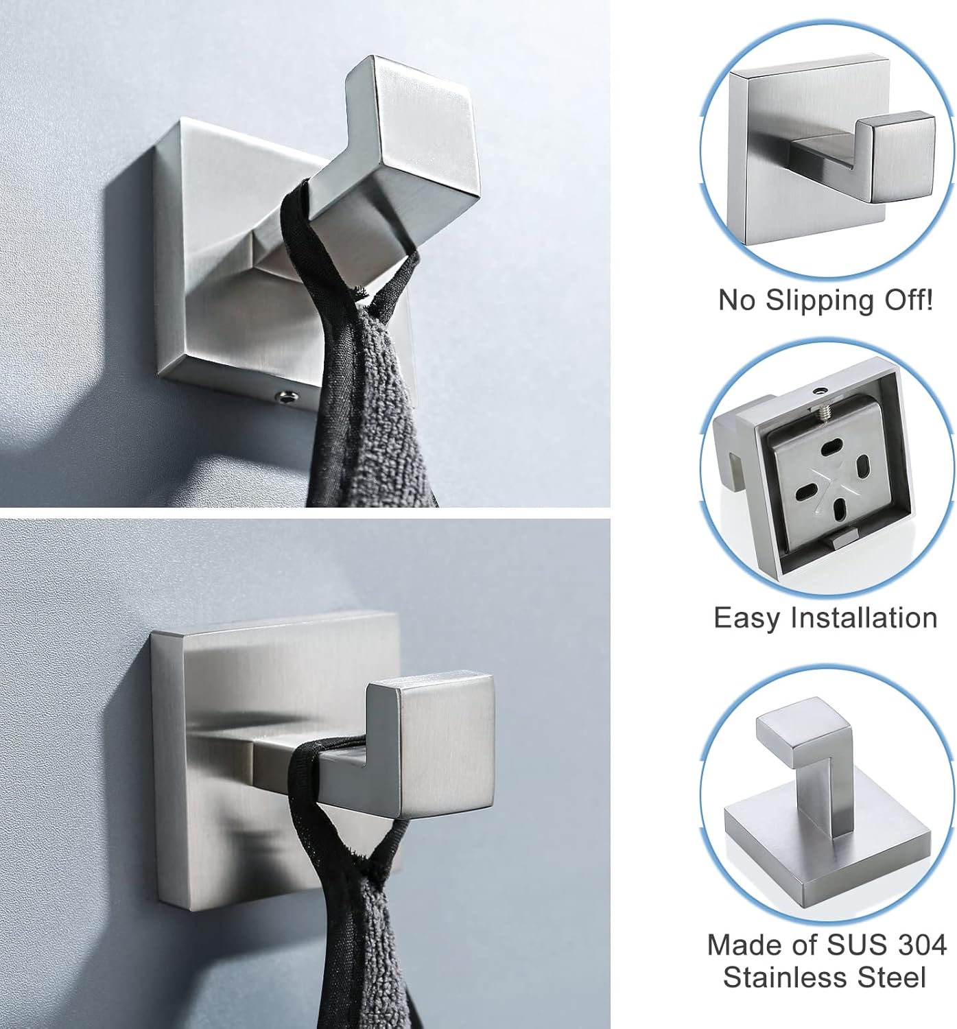 TQKAG Stainless Steel Square Towel Ring Hooks for Bathroom and Kitchen