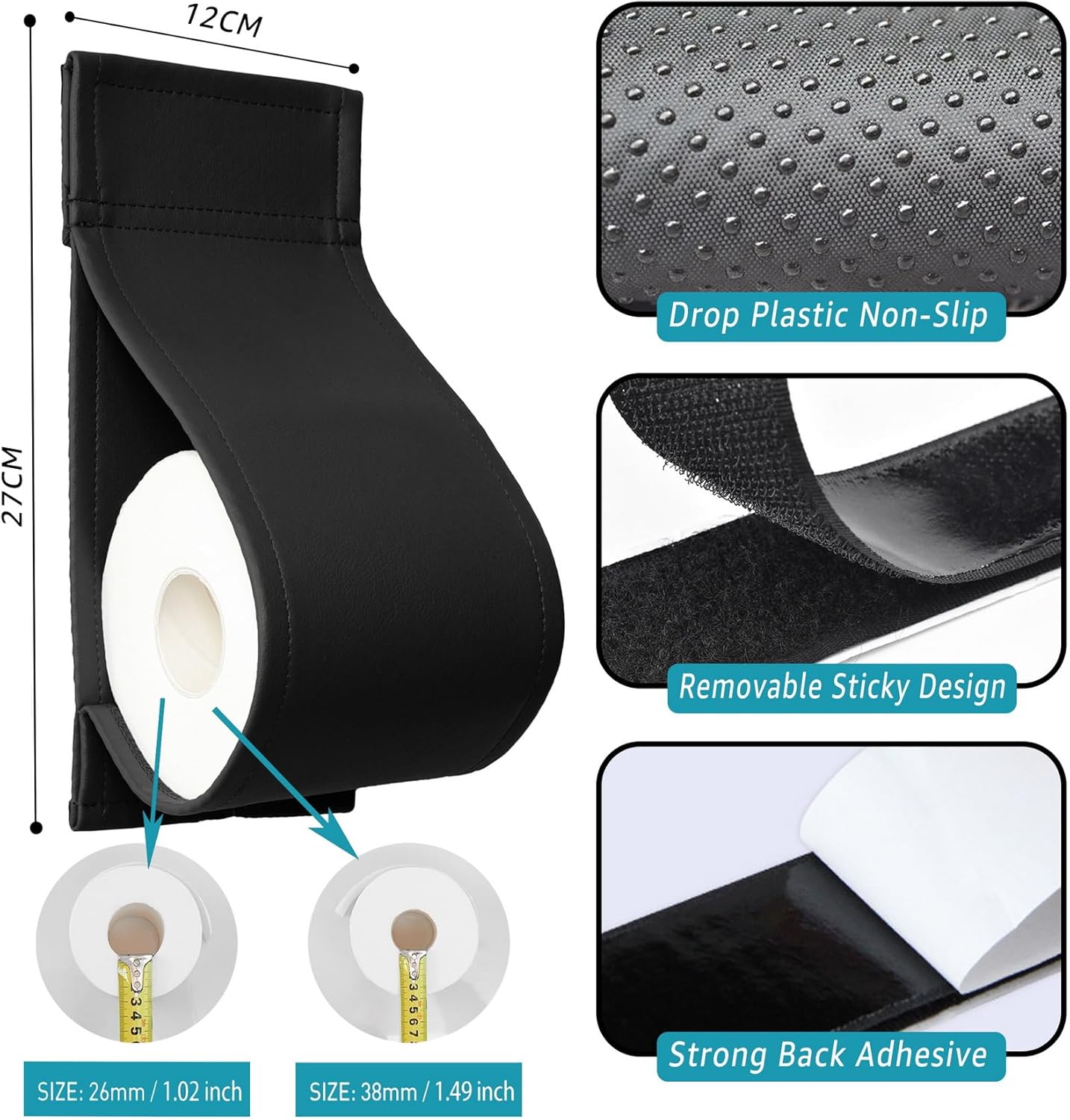 AmazeCov Leather Toilet Paper Holder No-Drill Wall Mount Black