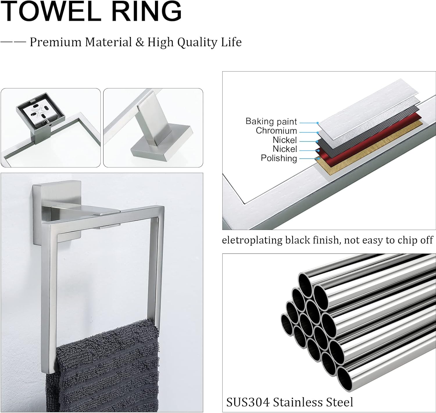 TQKAG Stainless Steel Square Towel Ring Hooks for Bathroom and Kitchen