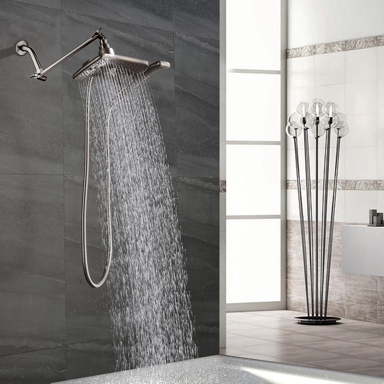 BRIGHT SHOWERS 10-Inch Extendable Shower Arm with Dual Spray Heads