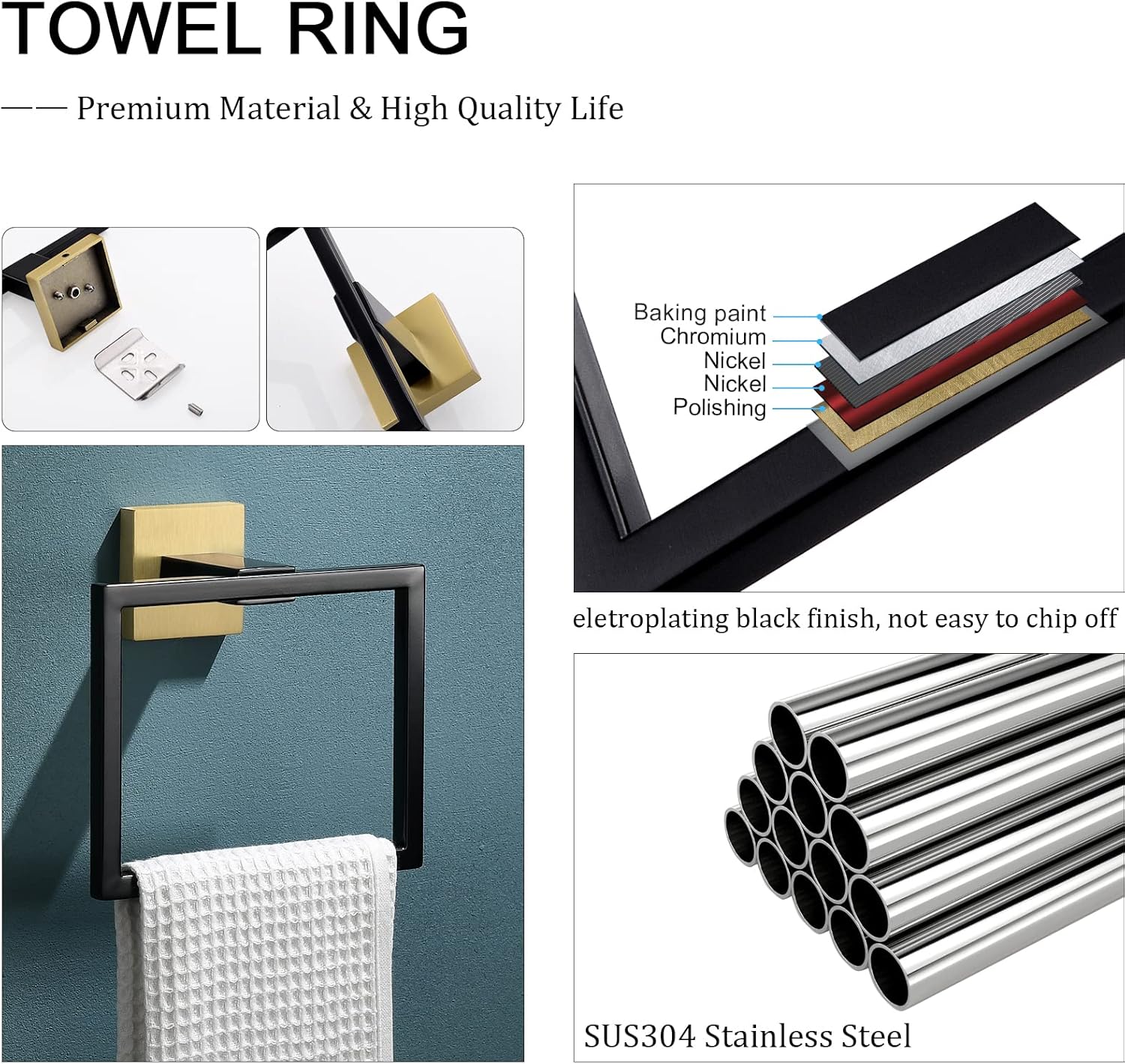 TQKAG Stainless Steel Square Towel Ring Hooks BlackGold