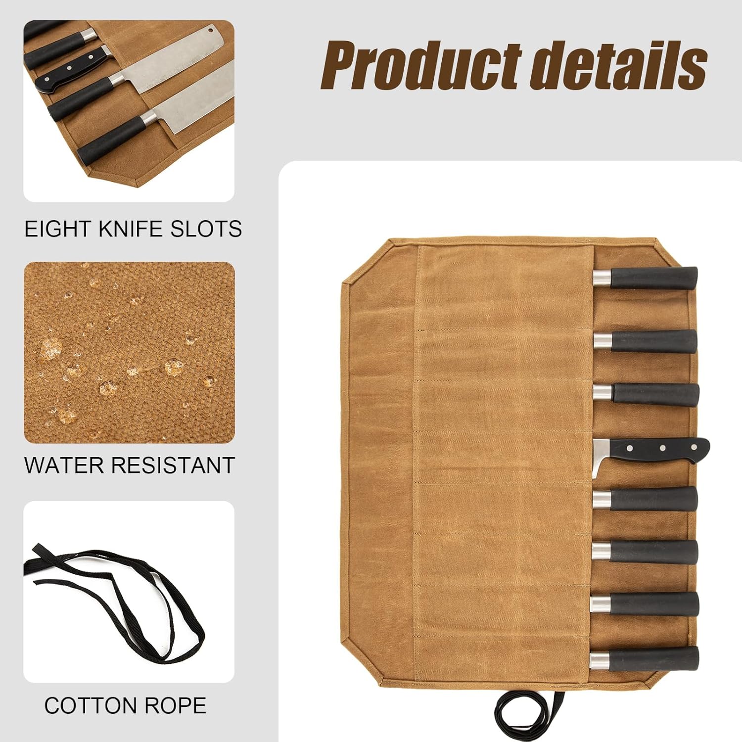 Qchengsan Knife Roll Bag with 8 Slots Khaki