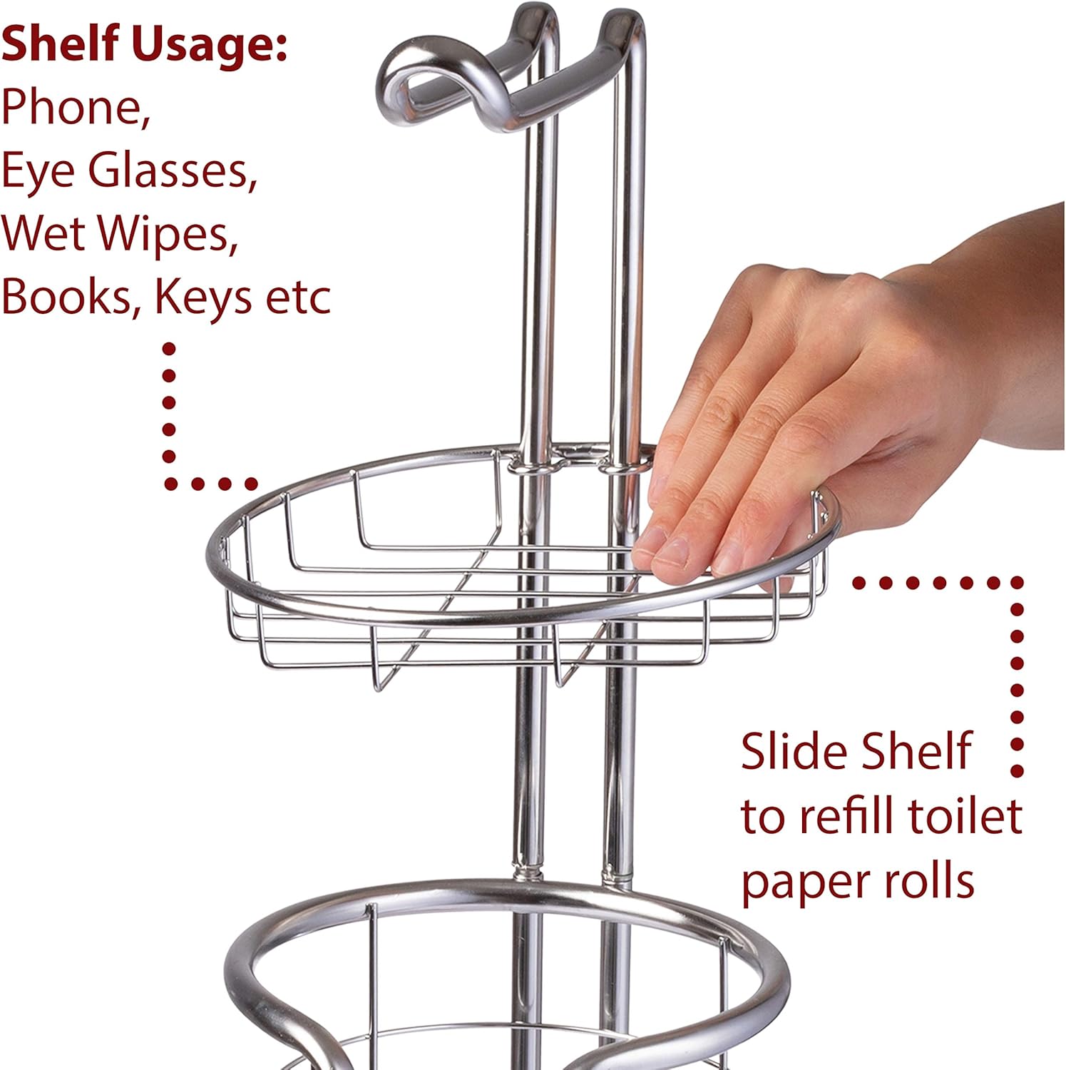 Free Standing Toilet Tissue Holder with Storage Shelf and Phone Tray
