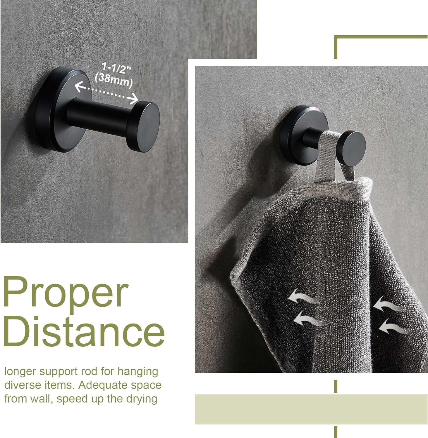 APLusee Matte Black Towel Hook and Ring Set 1