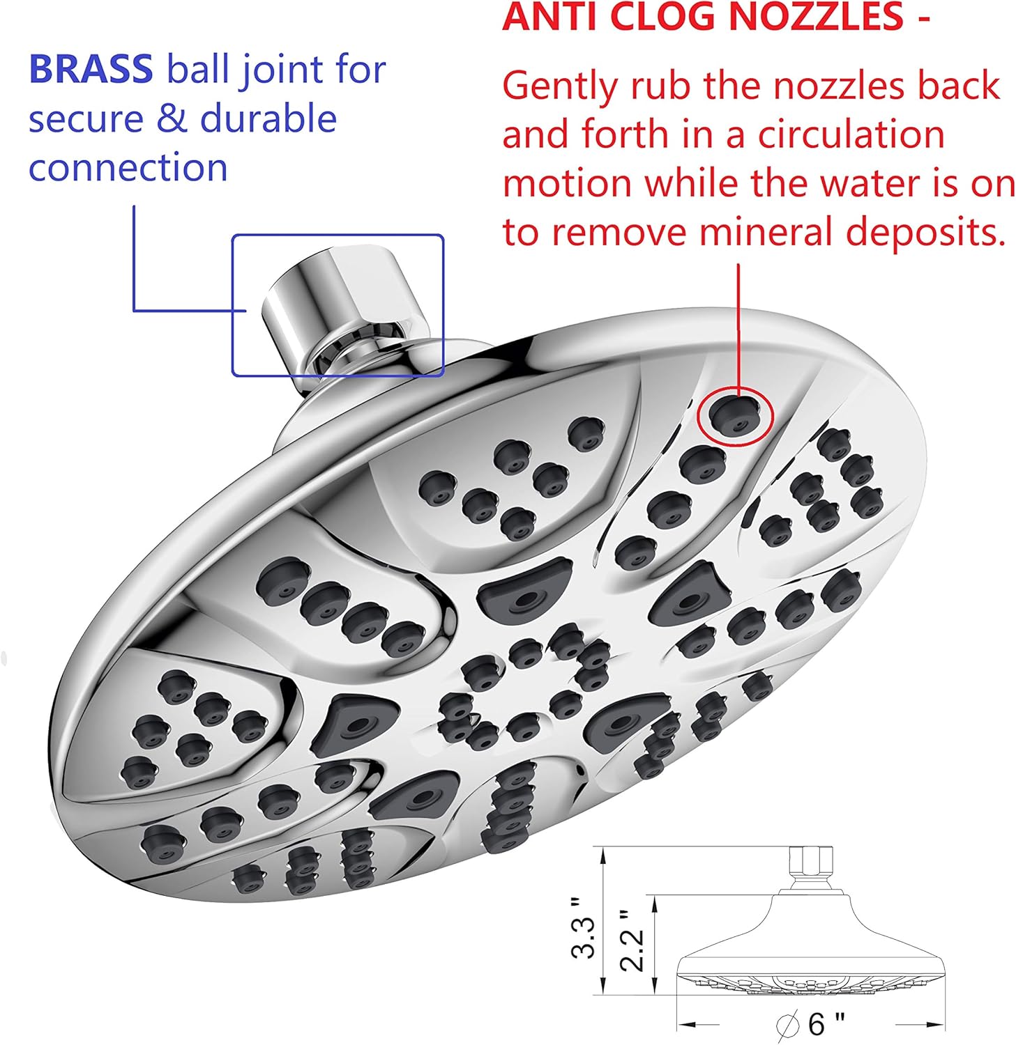 Anti-Clog 6 Wide 30-Setting Rain Shower Combo with 5ft hose