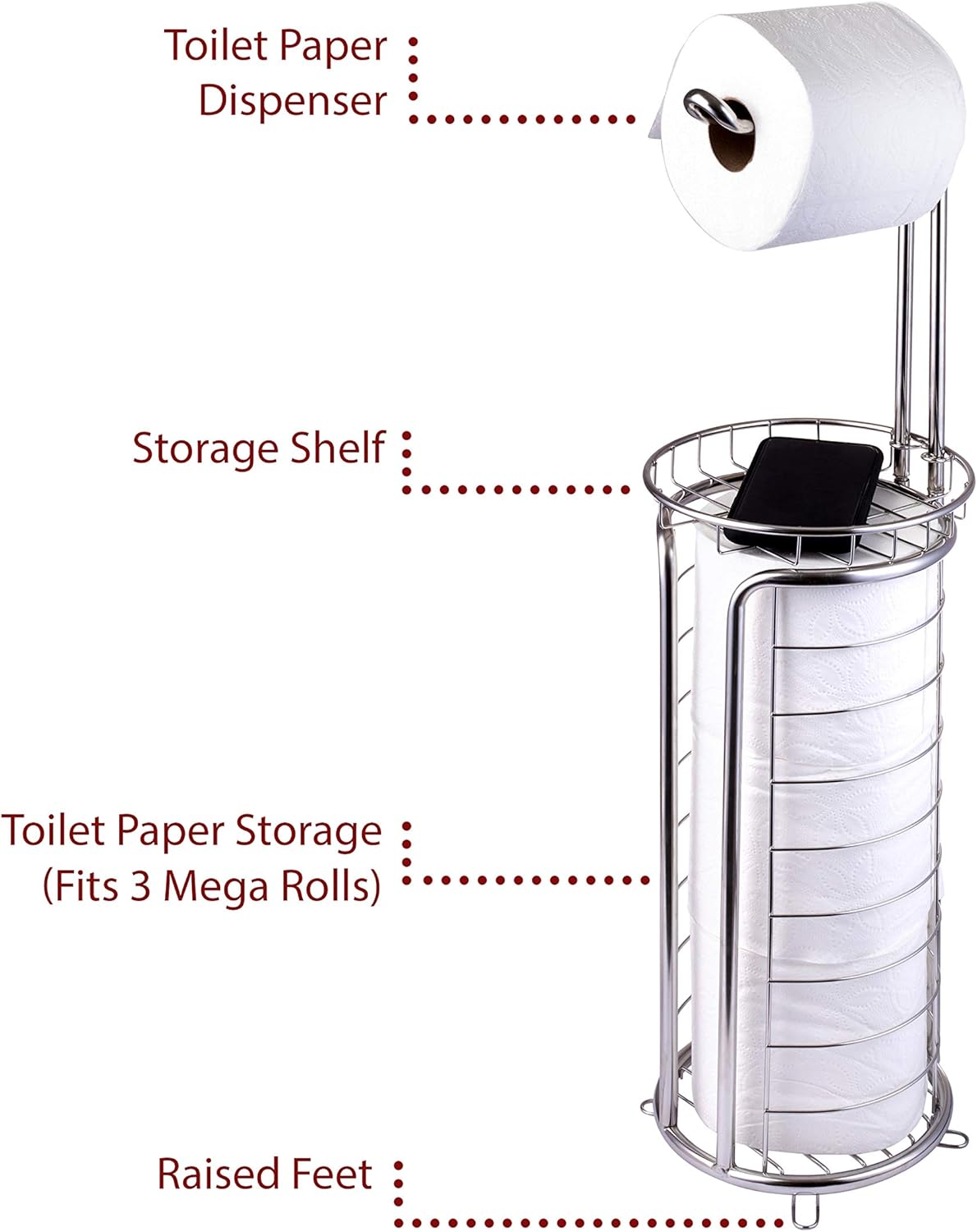 Free Standing Toilet Tissue Holder with Storage Shelf and Phone Tray
