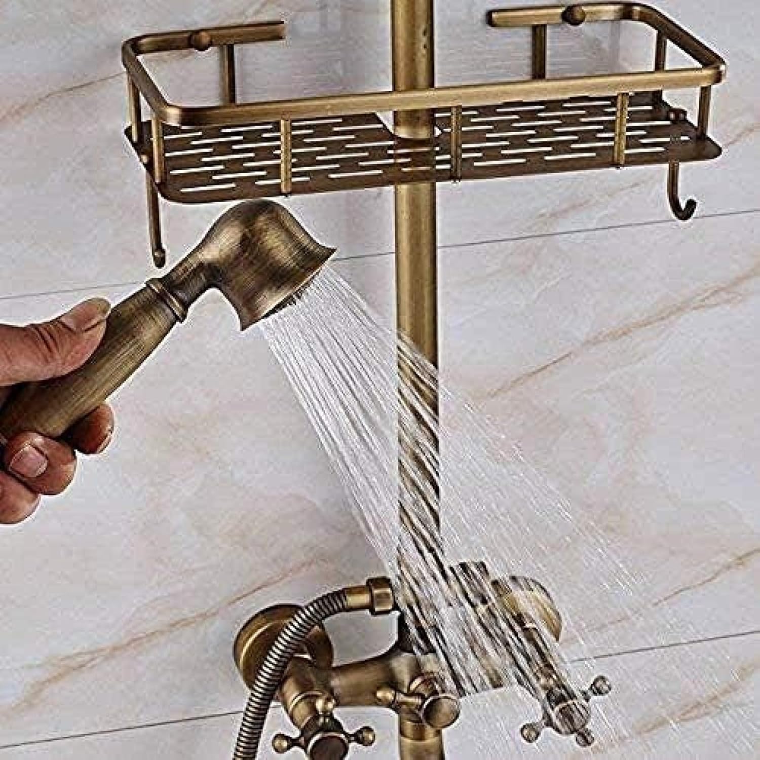 Antique Brass Handheld Shower Head with Storage Basket