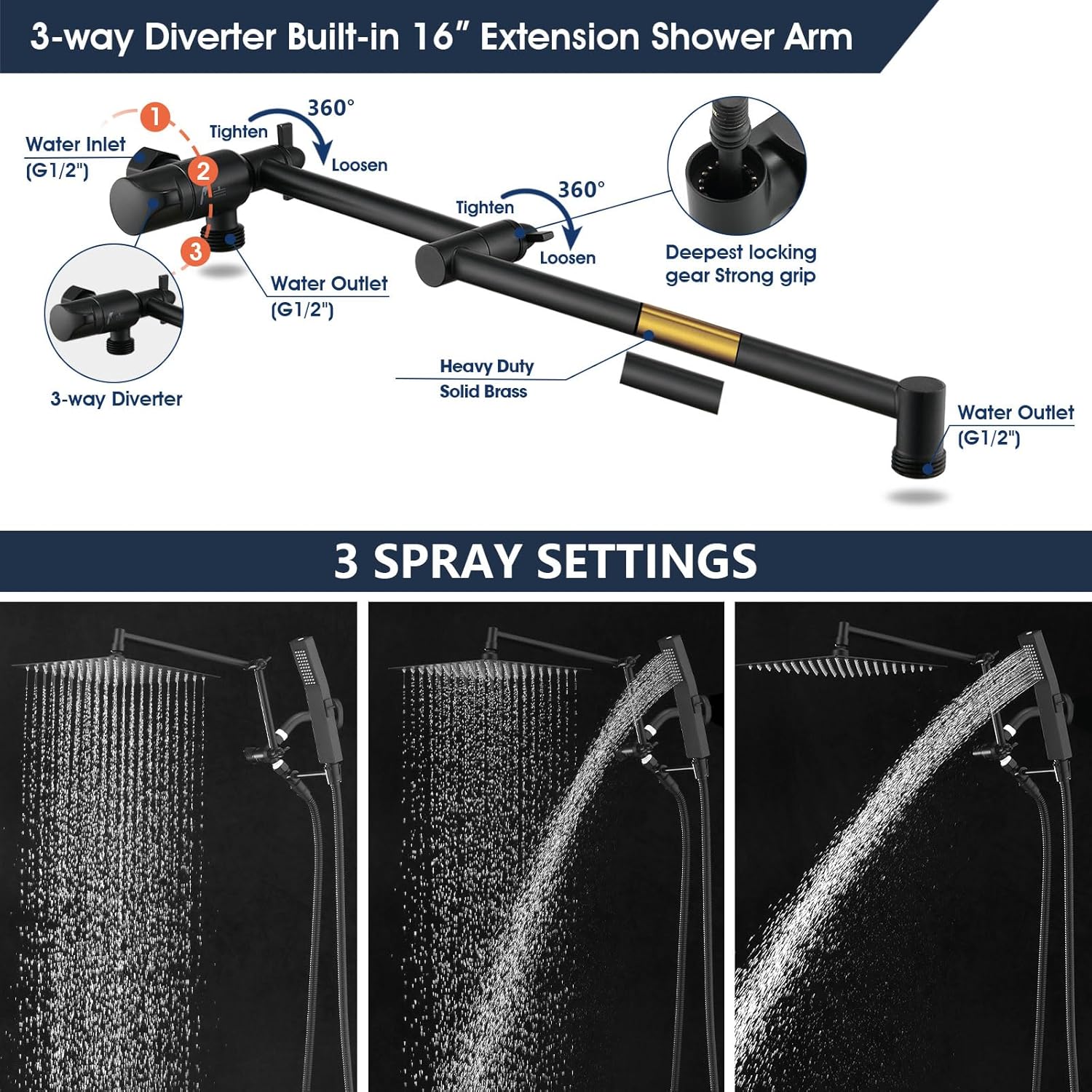 Rainfall Shower Head with 16-inch Extendable Arm and Spa-like Comfort