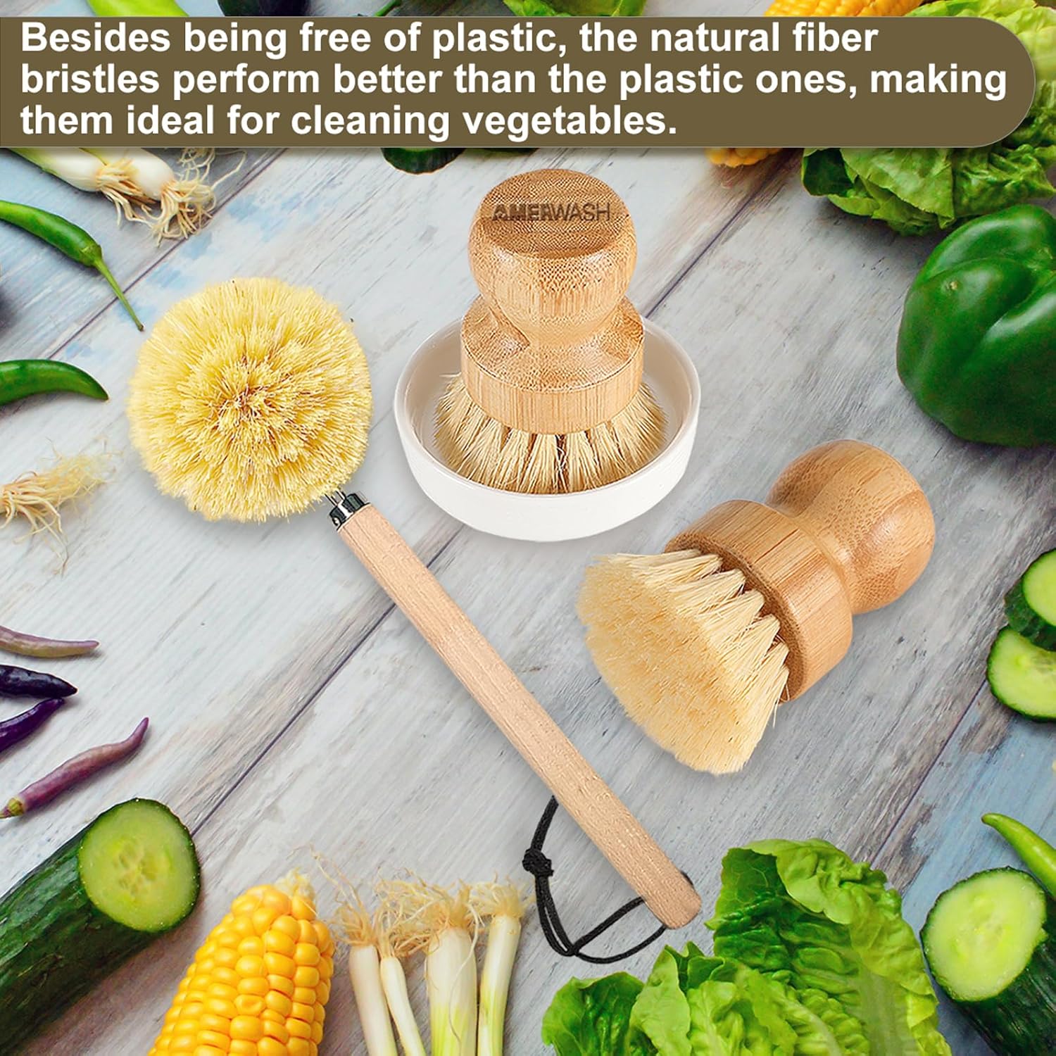 AMERWASH PLUS Brush Set - Bamboo Natural Bristles for Kitchen Cleaning