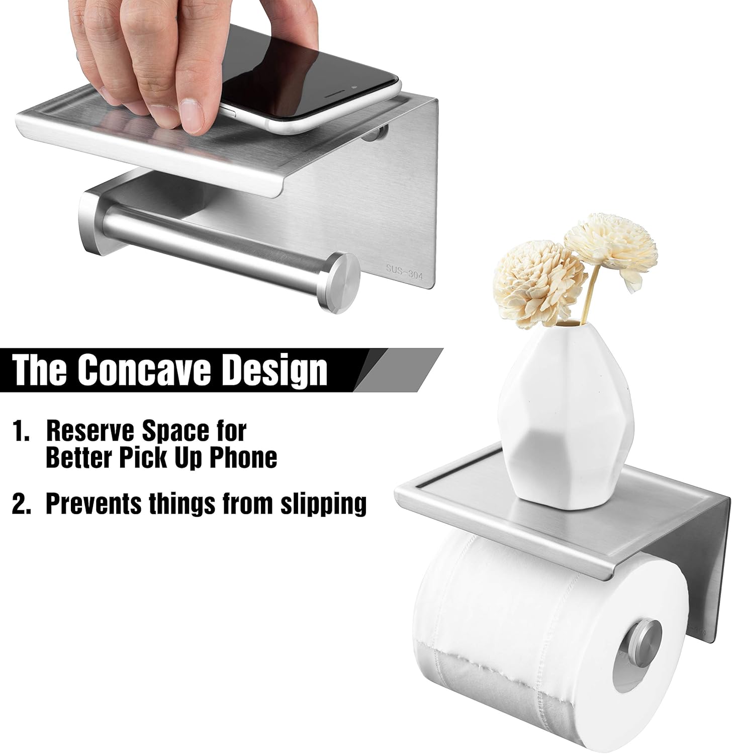 Brushed Nickel Toilet Paper Holder with Shelf Self Adhesive and Wall Mount