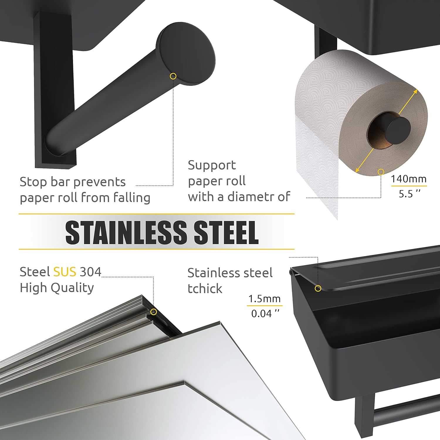 Matte Black Self-Adhesive Toilet Paper Holder