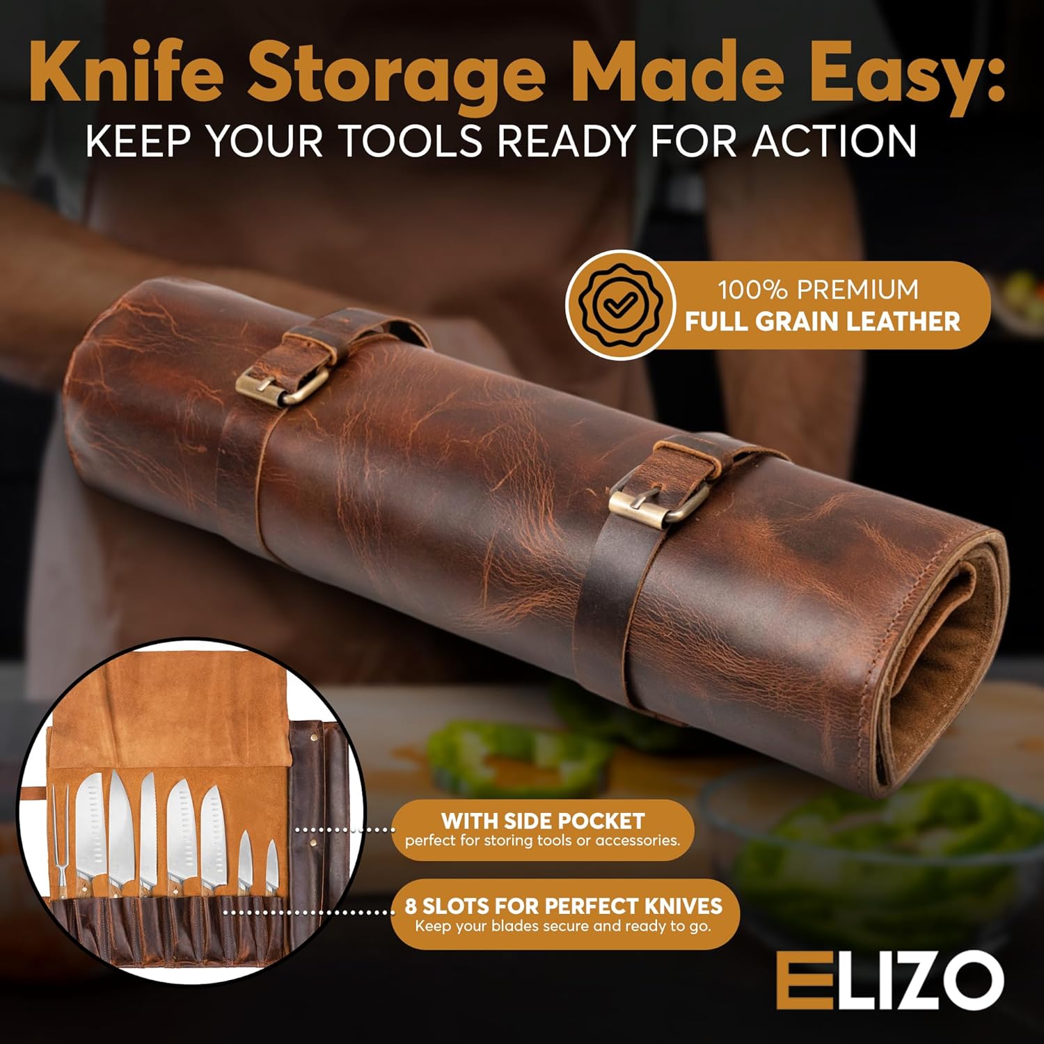 ELIZO Handcrafted Knife Roll Bag with 8 Slots
