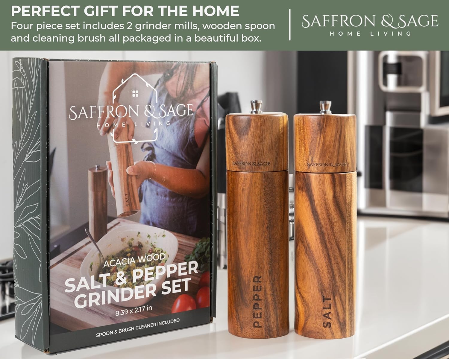 Saffron Sage Acacia Wood Salt Pepper Mill Set of 2