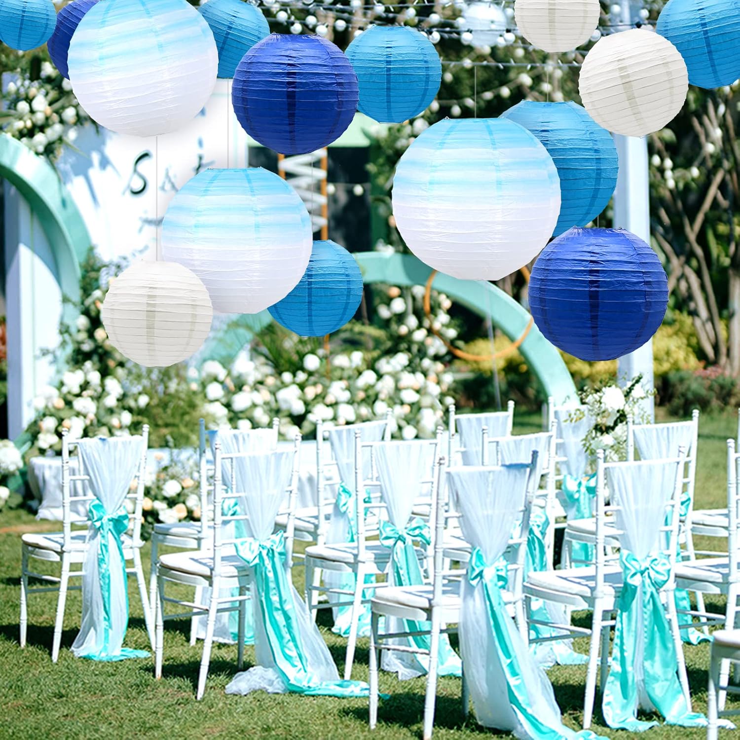 14 PCS Gradient Blue Paper Lanterns with Metal Stand