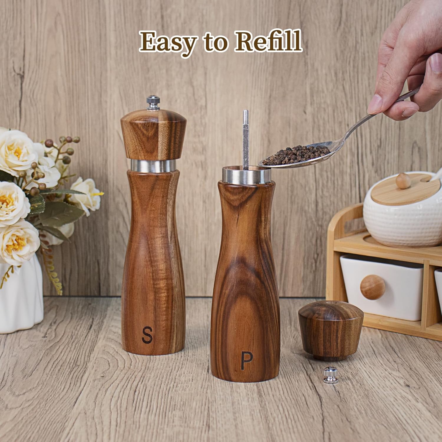 Haomacro 2 Pack Acacia Wood Salt Pepper Grinder Set