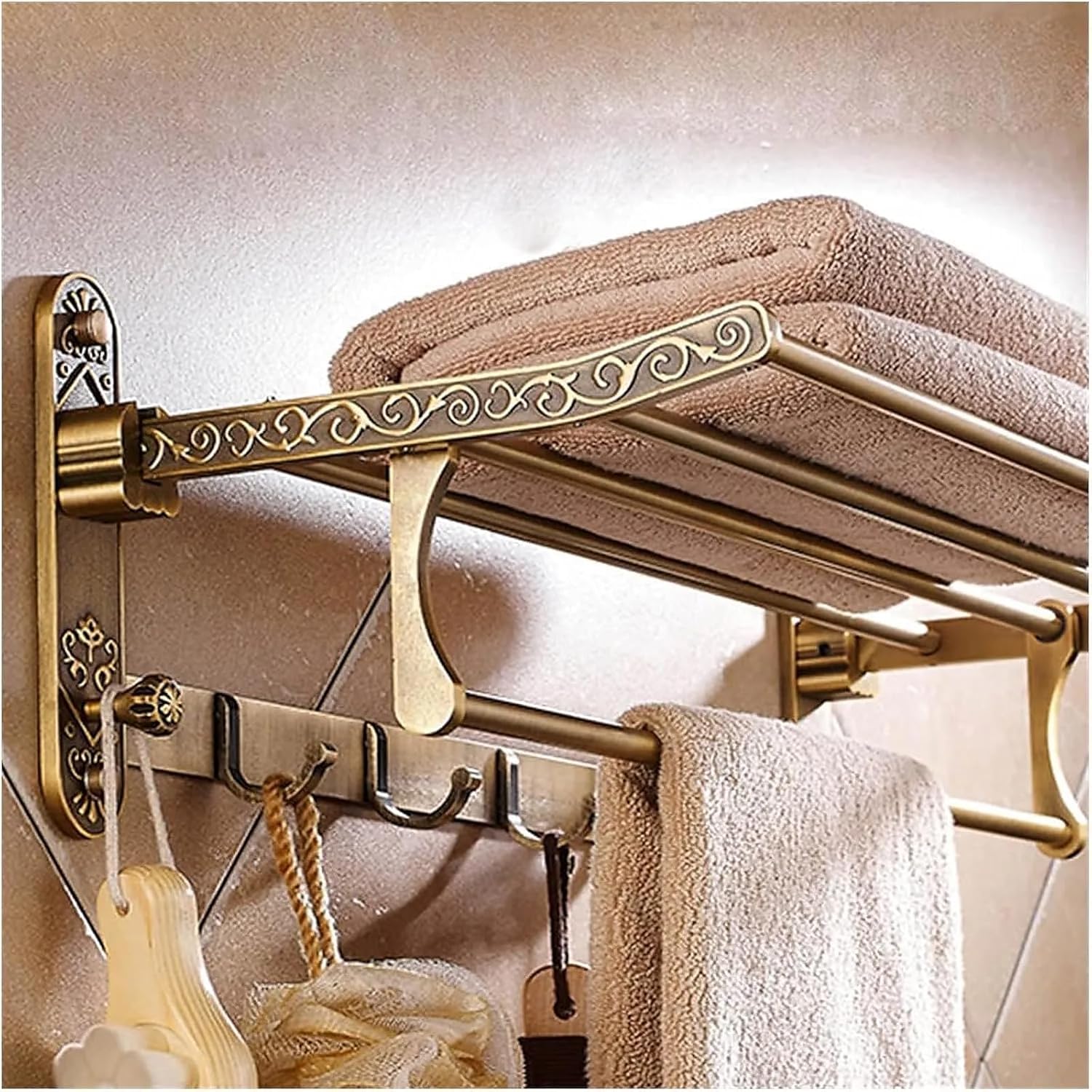 Antique Brass Towel Bar with Hooks and Shelf