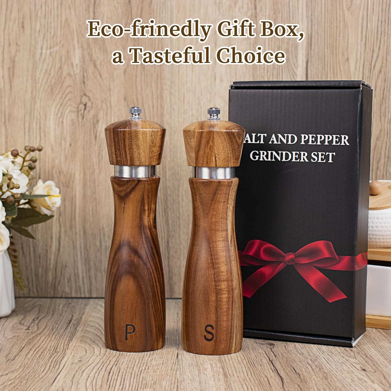 Haomacro 2 Pack Acacia Wood Salt Pepper Grinder Set
