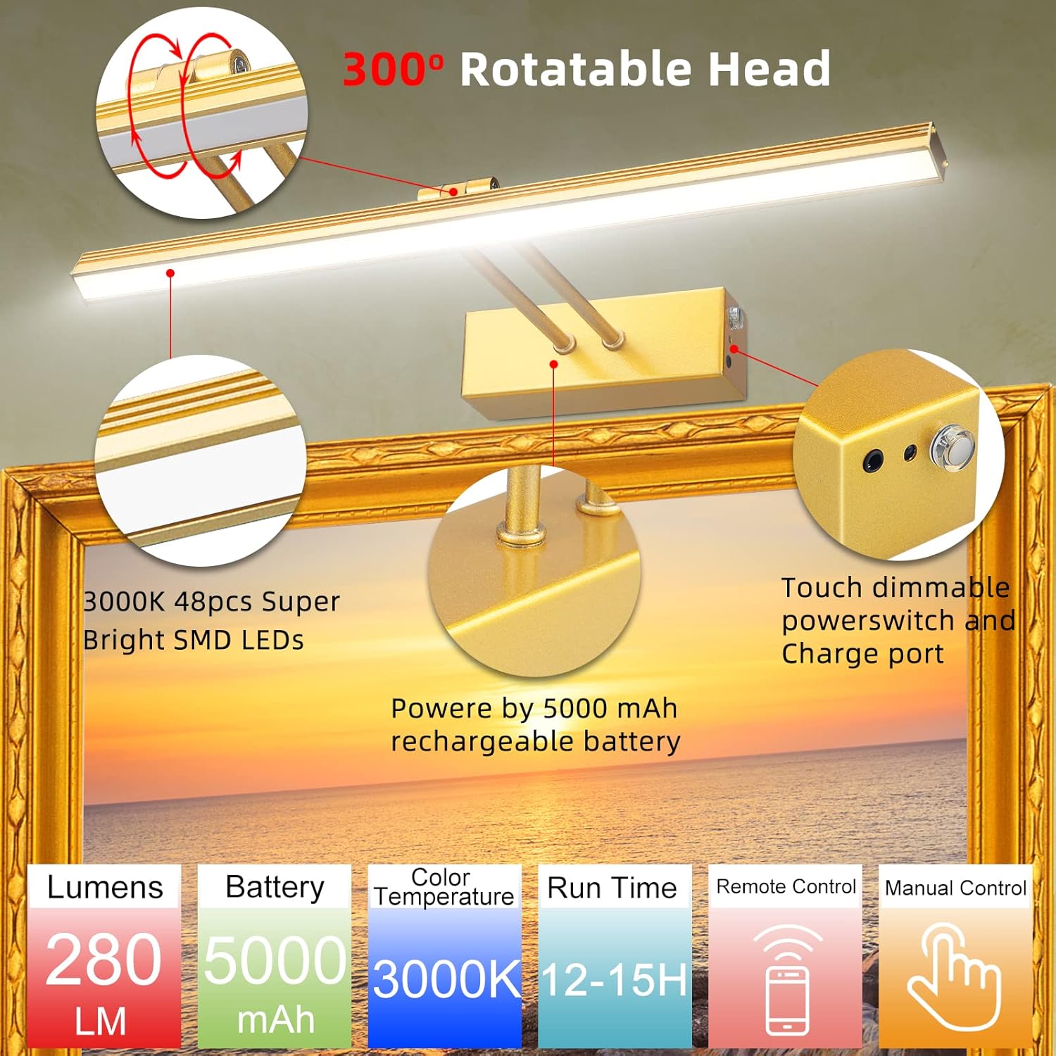 FUNCHDAY Gold Picture Light with Timer and Dimmable