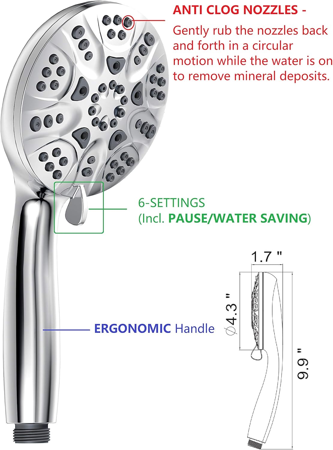 Anti-Clog 6 Wide 30-Setting Rain Shower Combo with 5ft hose