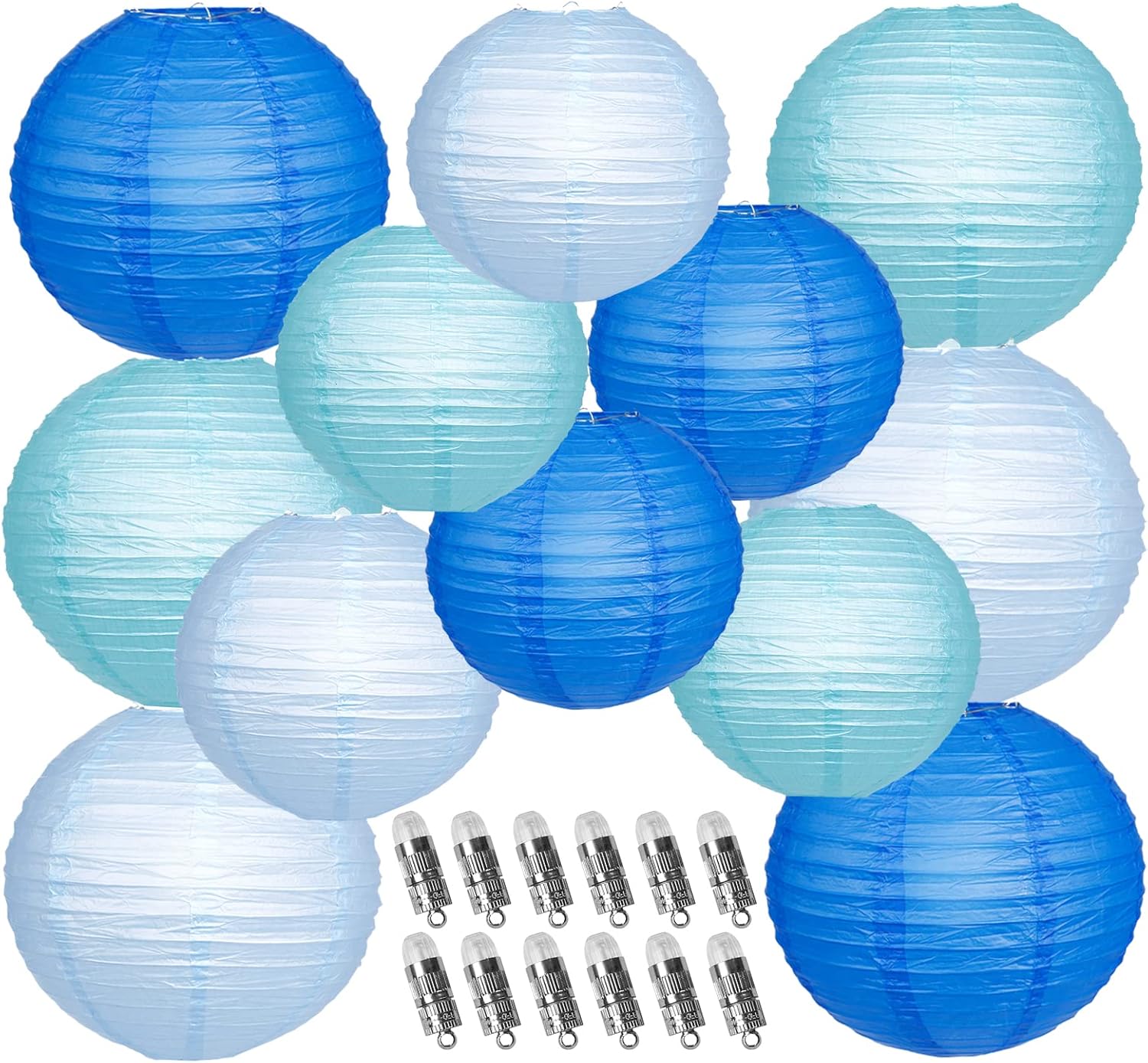 Blue Paper Lantern Set with 12 LED Lights for Parties