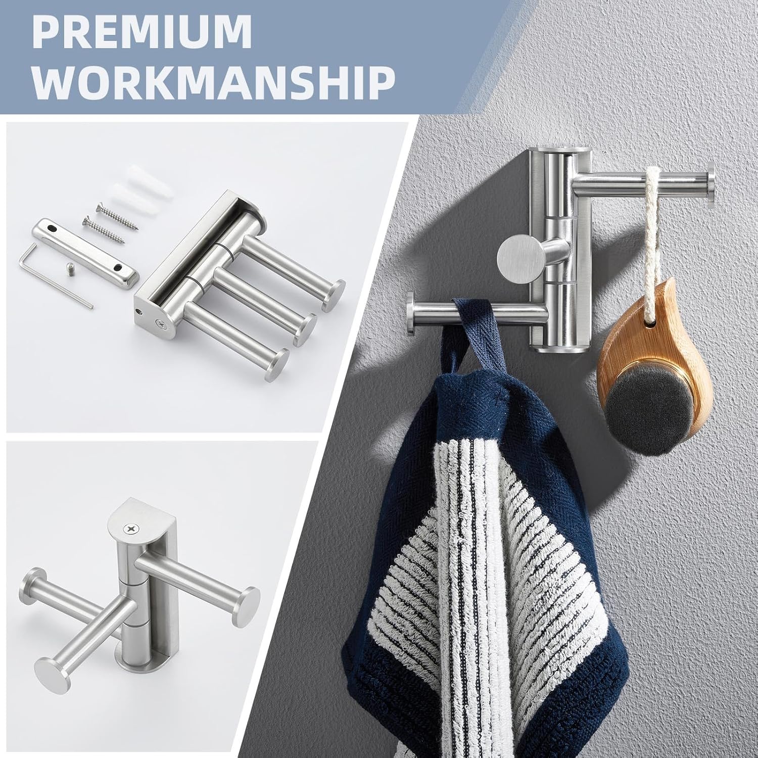 Angle Simple Swivel Towel Hook - 3 Arms Brushed Nickel