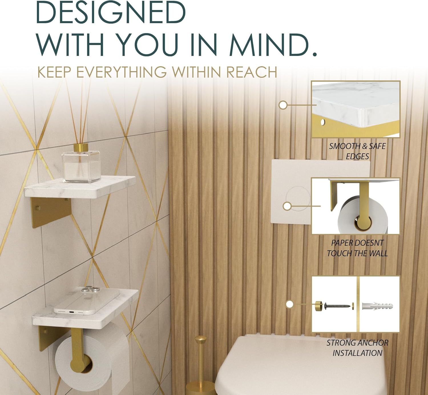 Mega Handles Gold Toilet Paper Holder with Extra Shelf