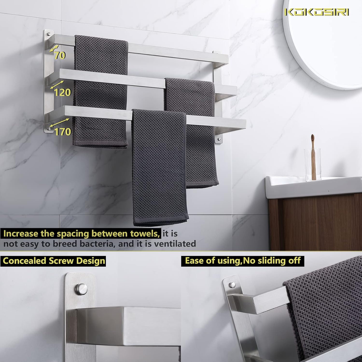 KOKOSIRI 3-Tier Towel Shelf Brushed Nickel