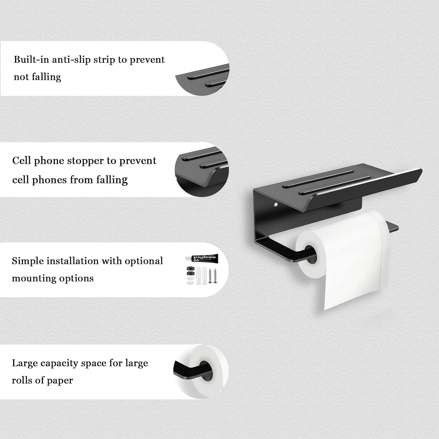 Black Bathroom Toilet Paper Holder Wall-Mounted Stainless Steel