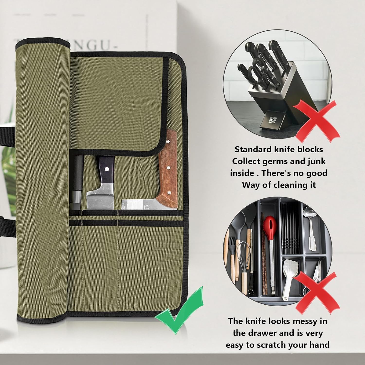 EhrGK Chef Knife Roll Bag with 20 Slots - Army Green