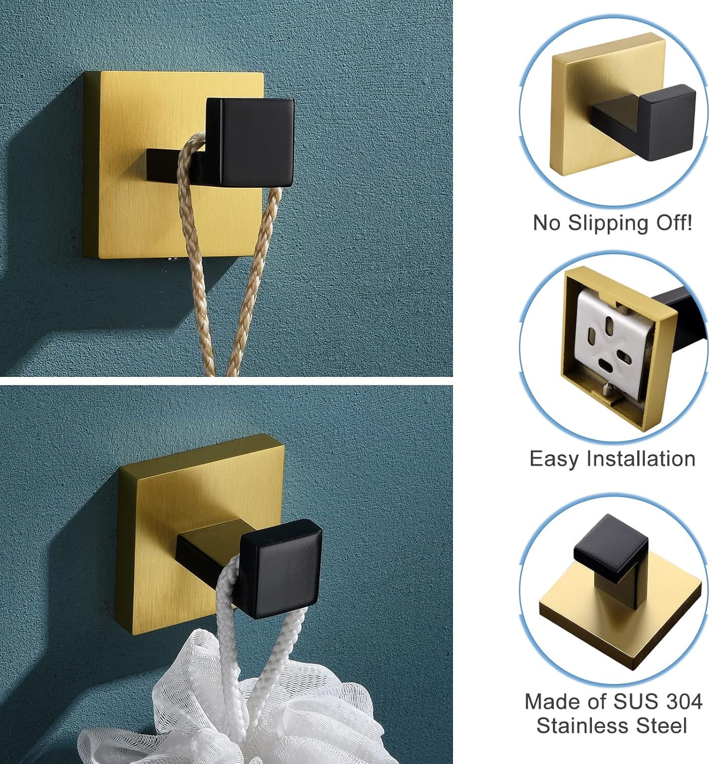 TQKAG Stainless Steel Square Towel Ring Hooks BlackGold