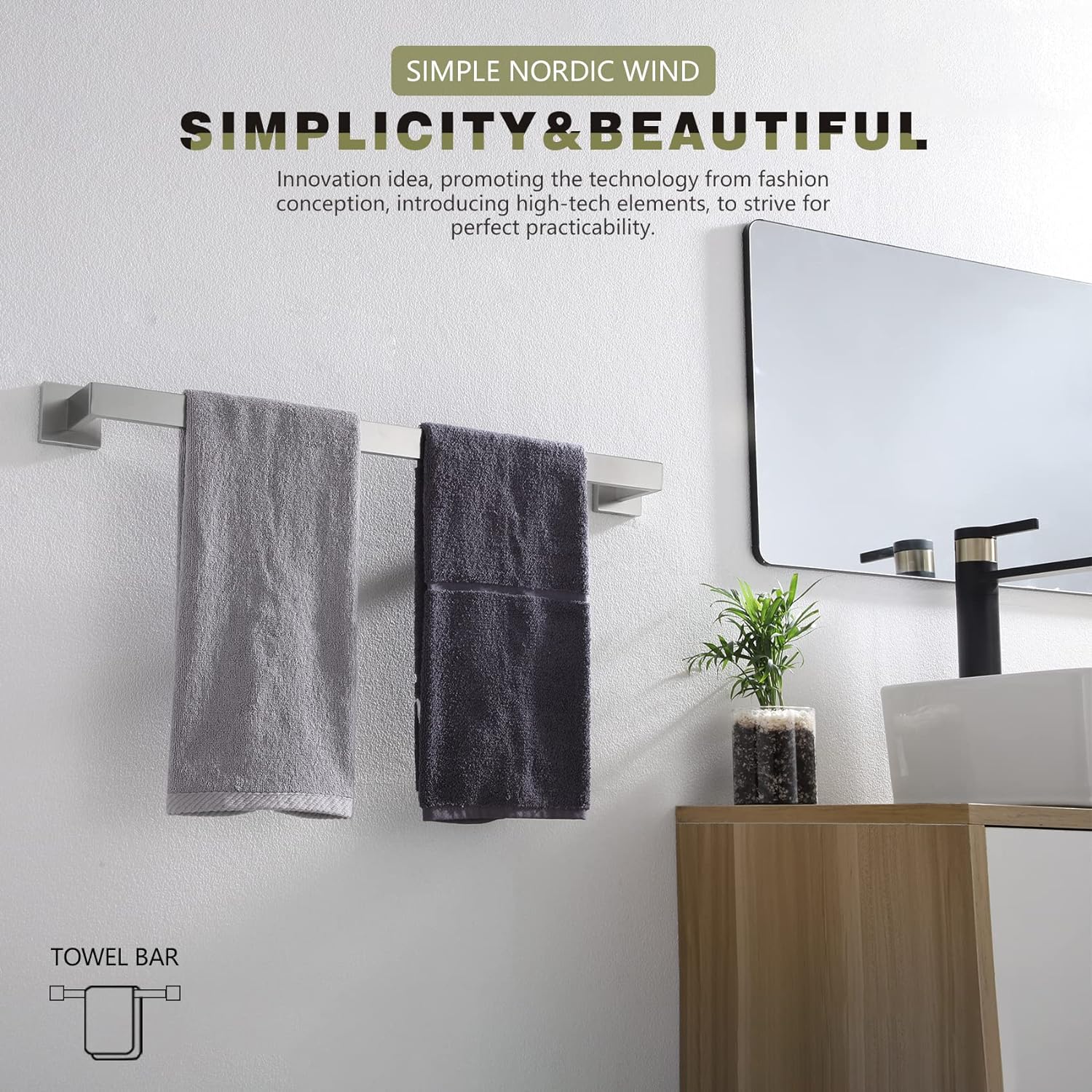 KOKOSIRI 24 Inch Brushed Nickel Towel Bar and Ring