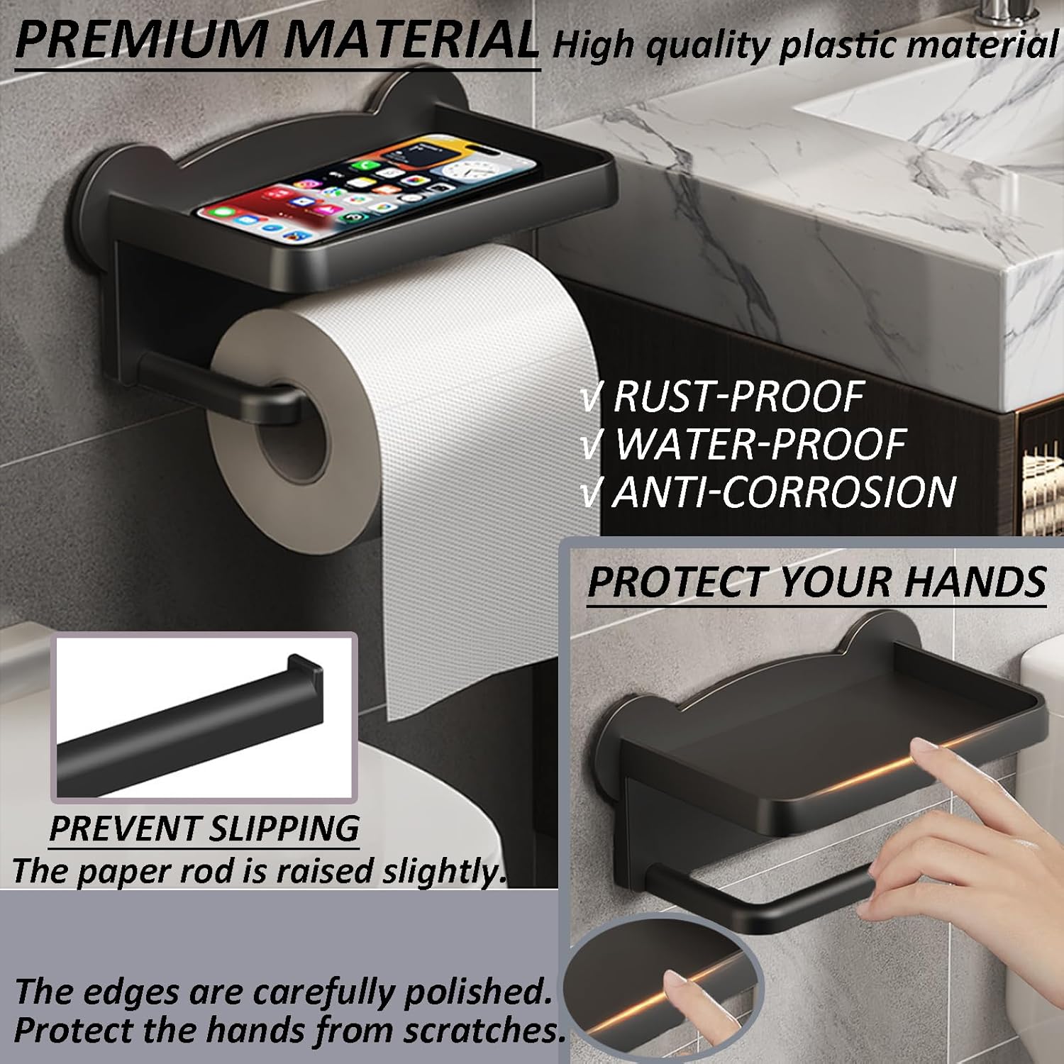 Black Toilet Paper Holder with Shelf No Drilling Rust-Proof Easy to Install
