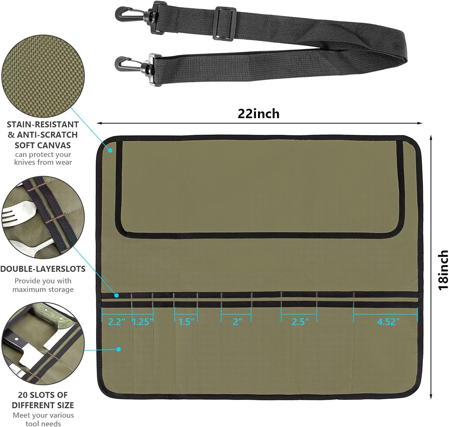 EhrGK Chef Knife Roll Bag with 20 Slots - Army Green