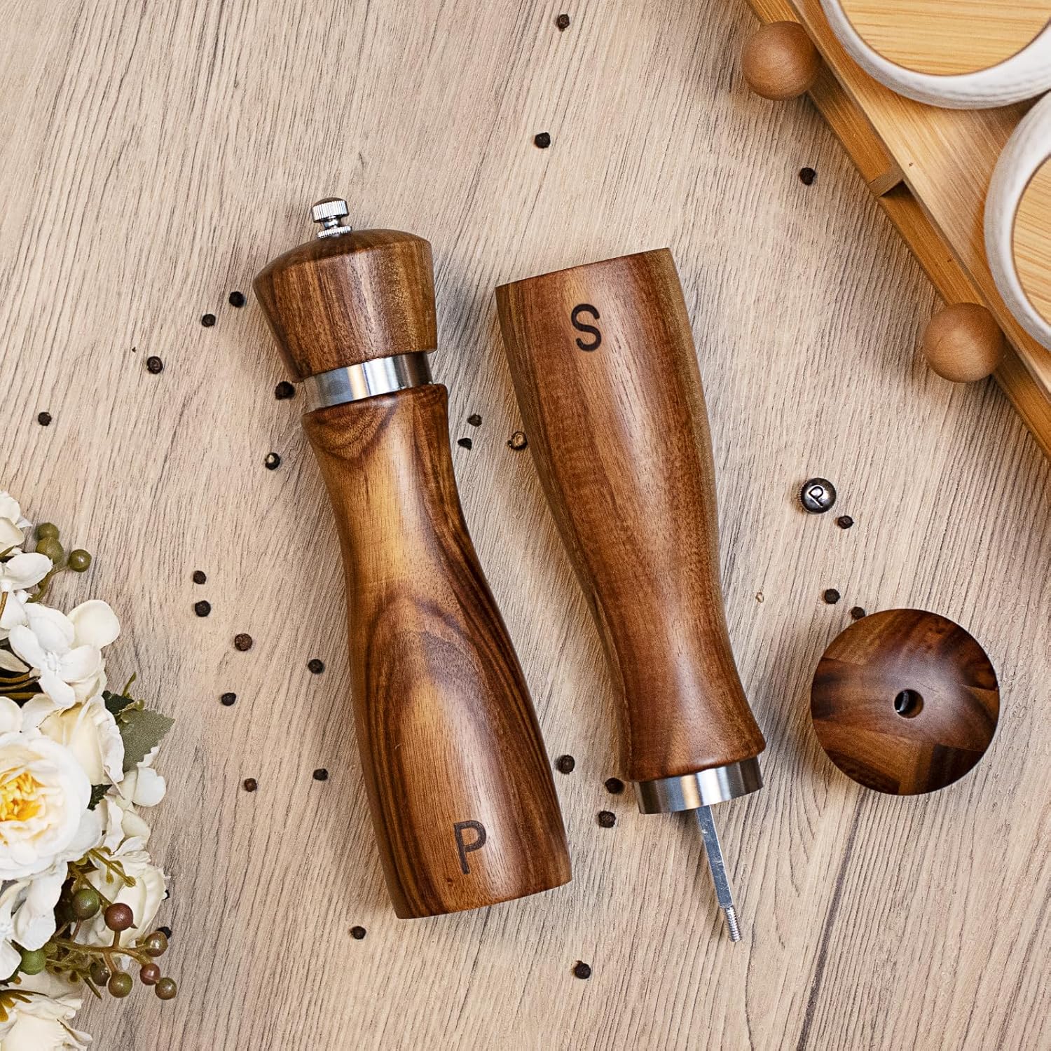 Haomacro 2 Pack Acacia Wood Salt Pepper Grinder Set