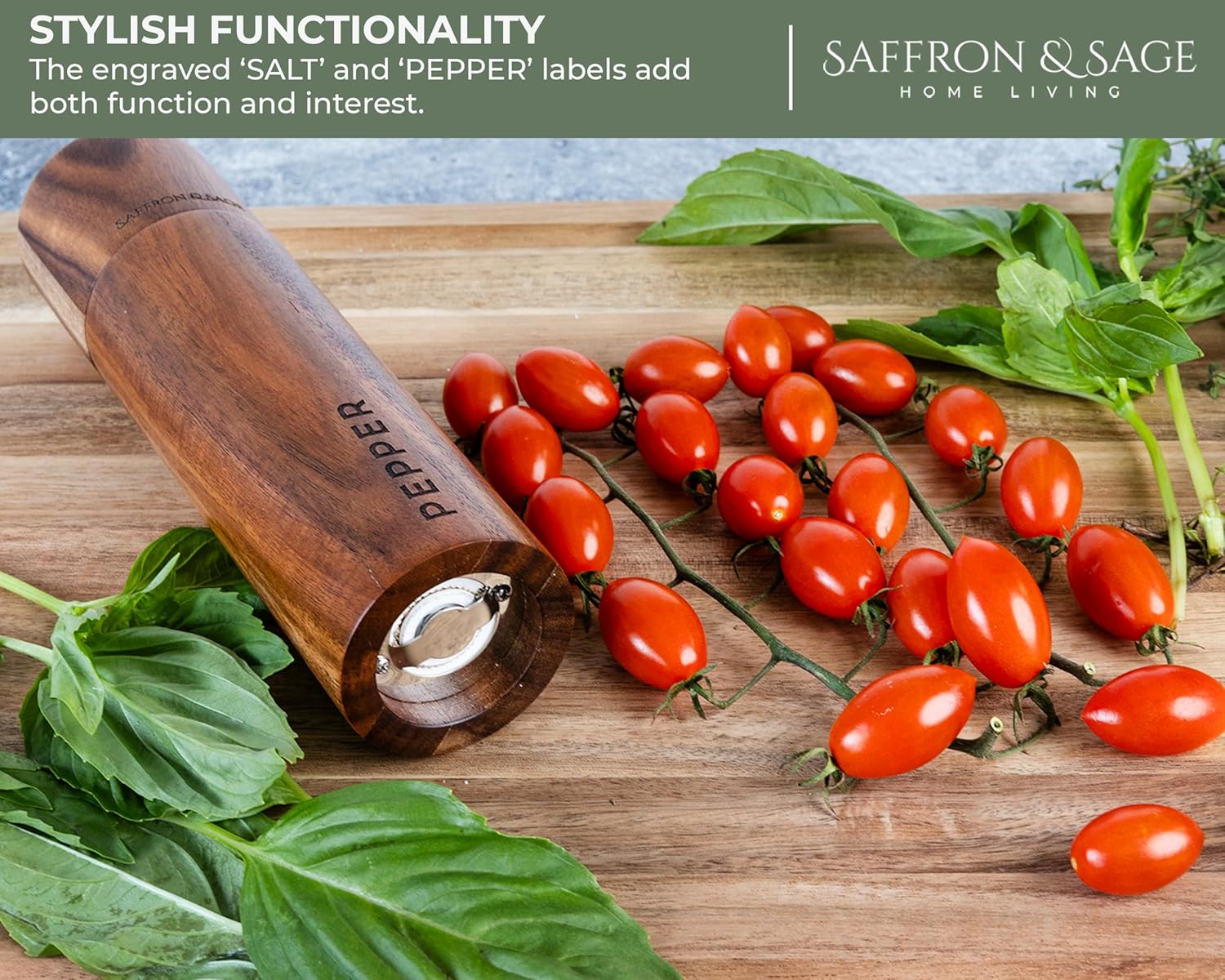 Saffron Sage Acacia Wood Salt Pepper Mill Set of 2