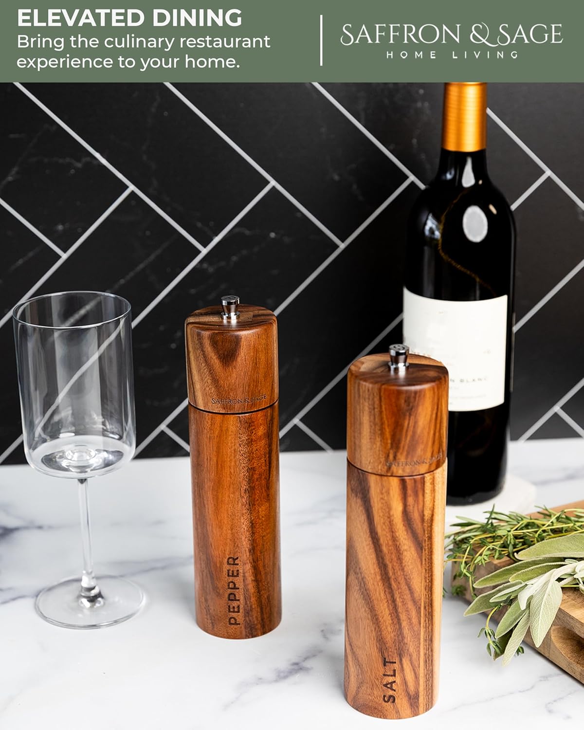 Saffron Sage Acacia Wood Salt Pepper Mill Set of 2