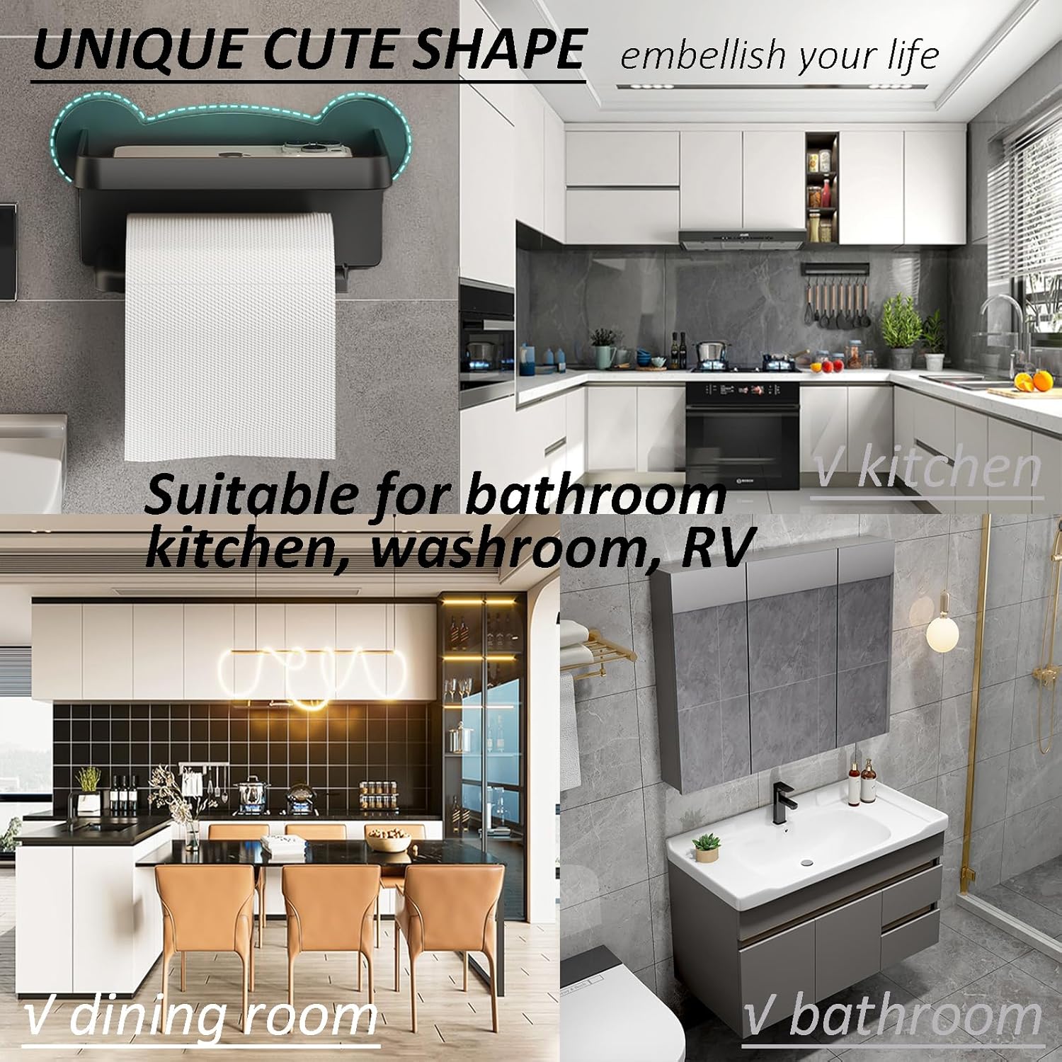 Black Toilet Paper Holder with Shelf No Drilling Rust-Proof Easy to Install