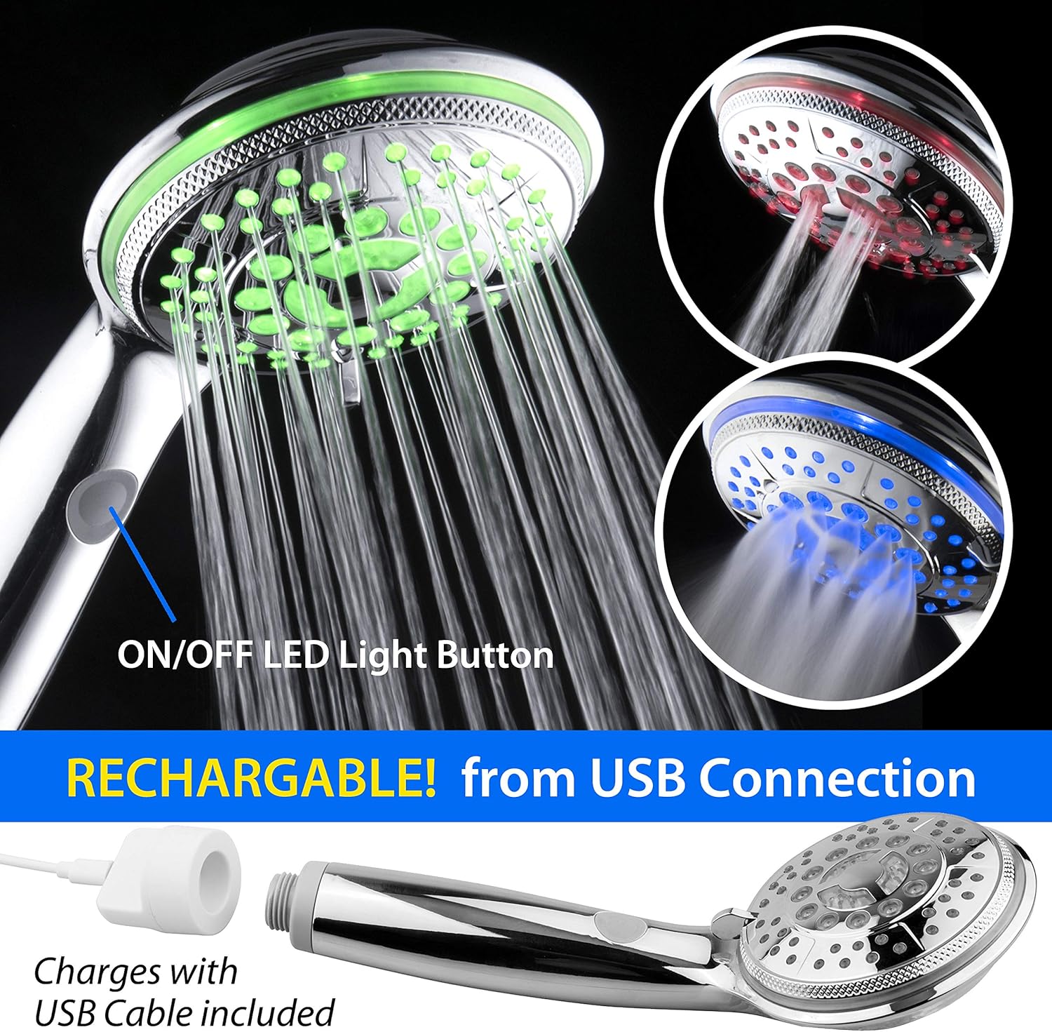 Hotel Spa Rechargeable LED Handheld Shower 5 Modes Chrome Finish