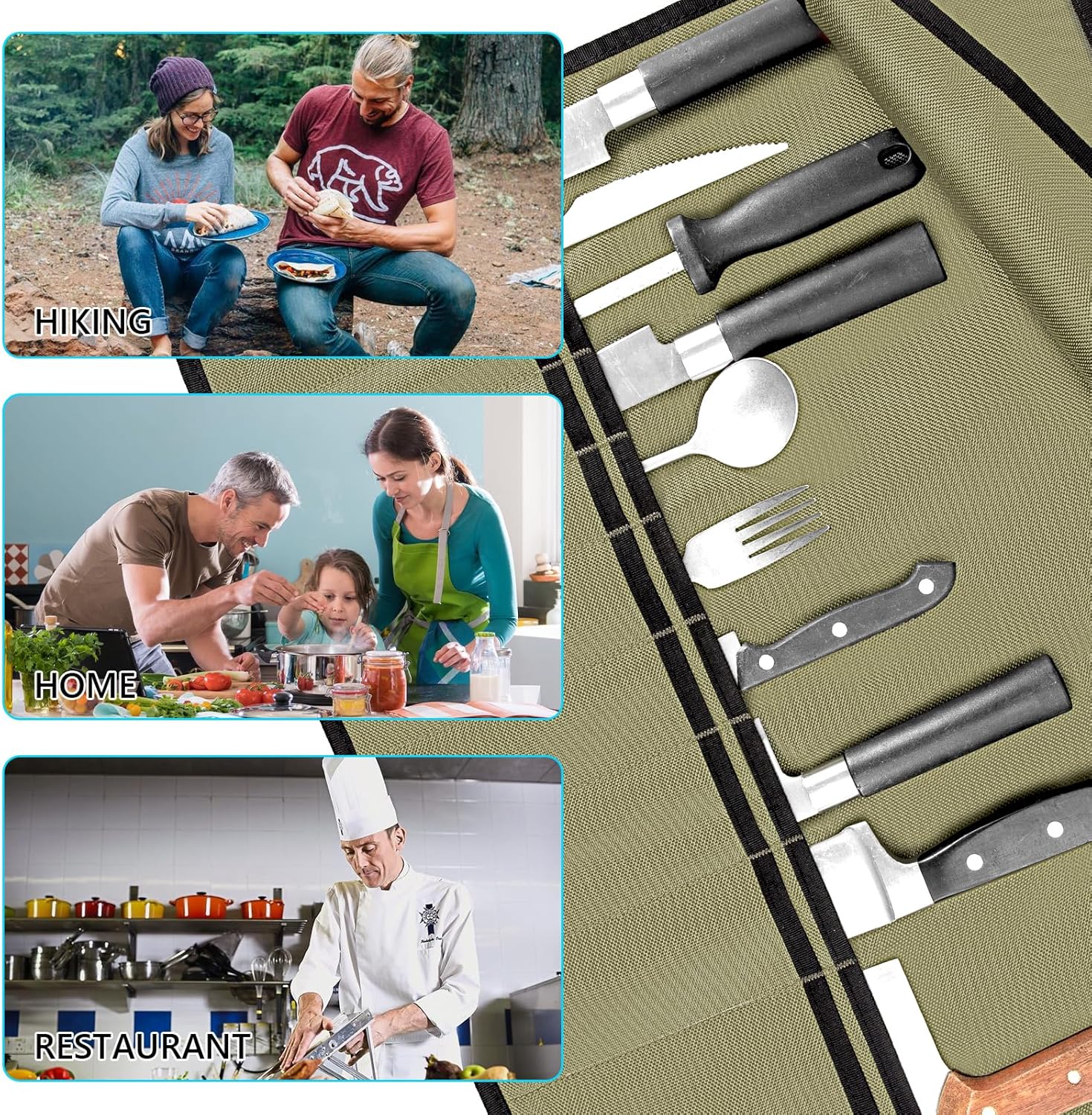 EhrGK Chef Knife Roll Bag with 20 Slots - Army Green