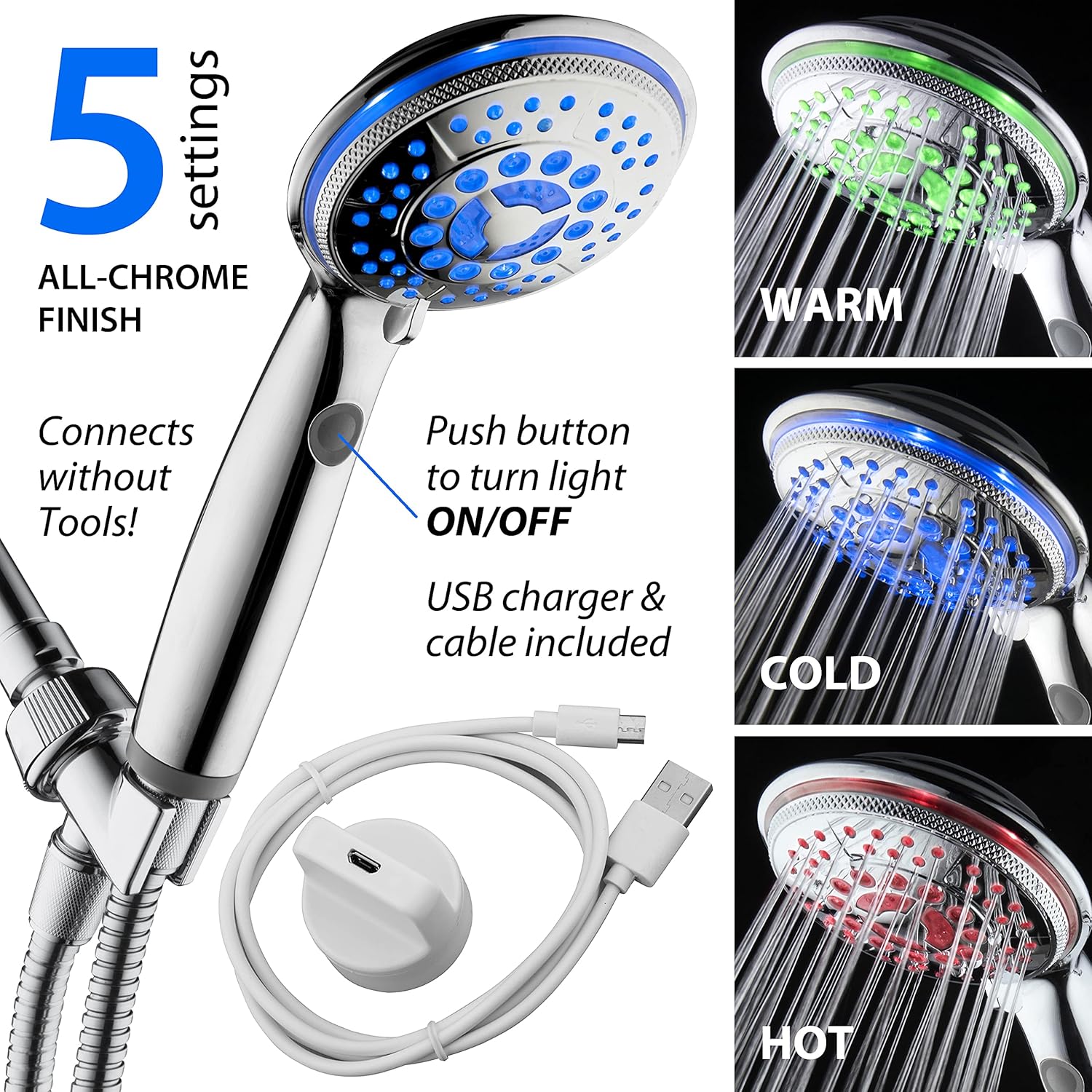 Hotel Spa Rechargeable LED Handheld Shower 5 Modes Chrome Finish