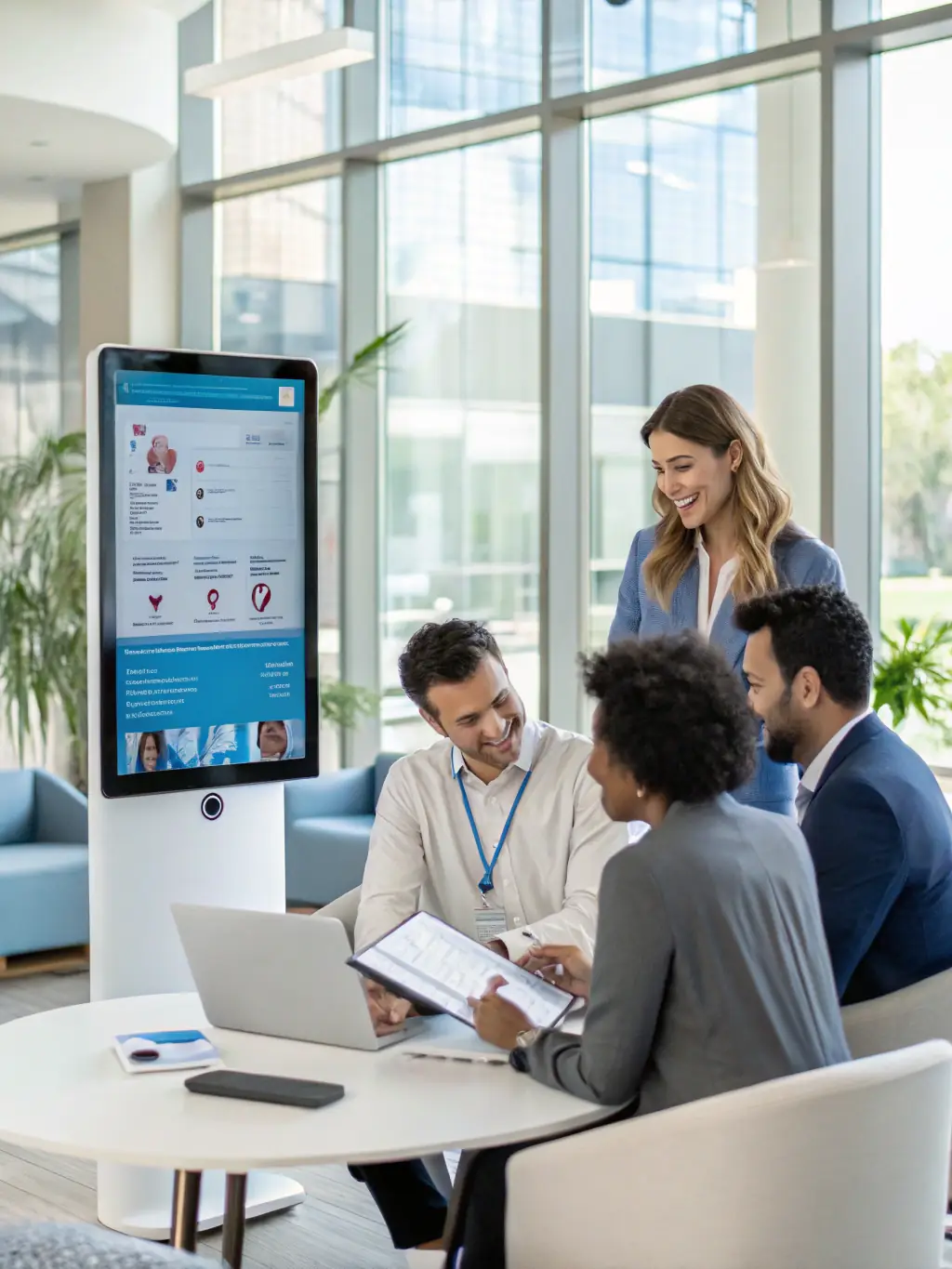 A photo of healthcare professionals using advanced medical technology, such as telemedicine platforms and electronic health records systems.