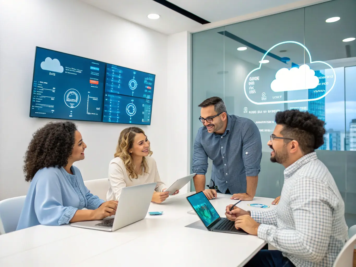 A team of consultants is collaborating on a cloud migration plan, using laptops and digital whiteboards in a brightly lit office.