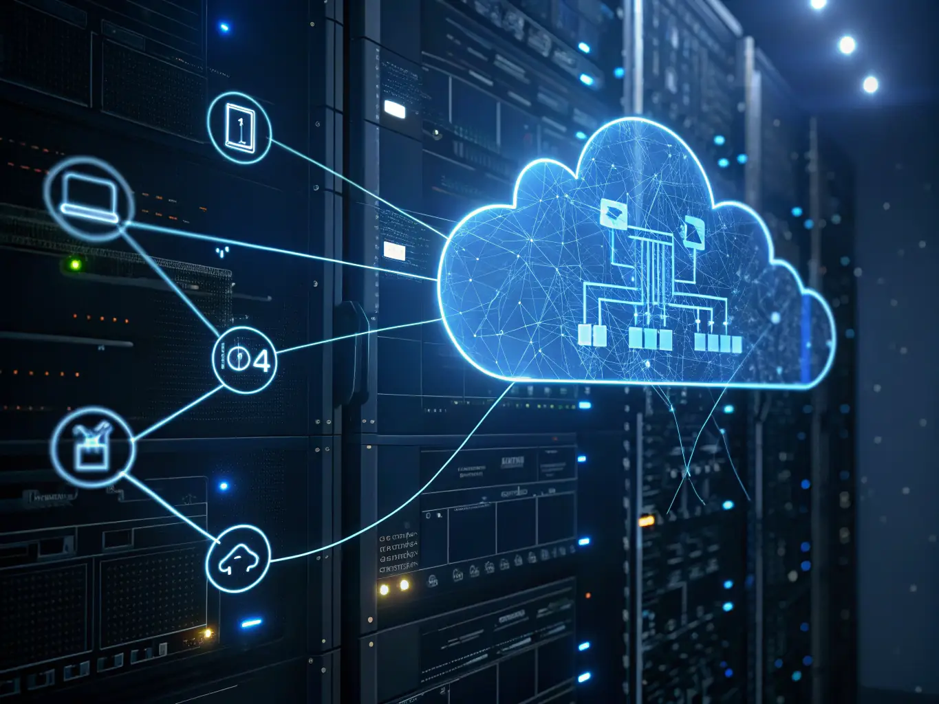 An image depicting a secure cloud environment with data flowing seamlessly, representing cloud migration and data security.