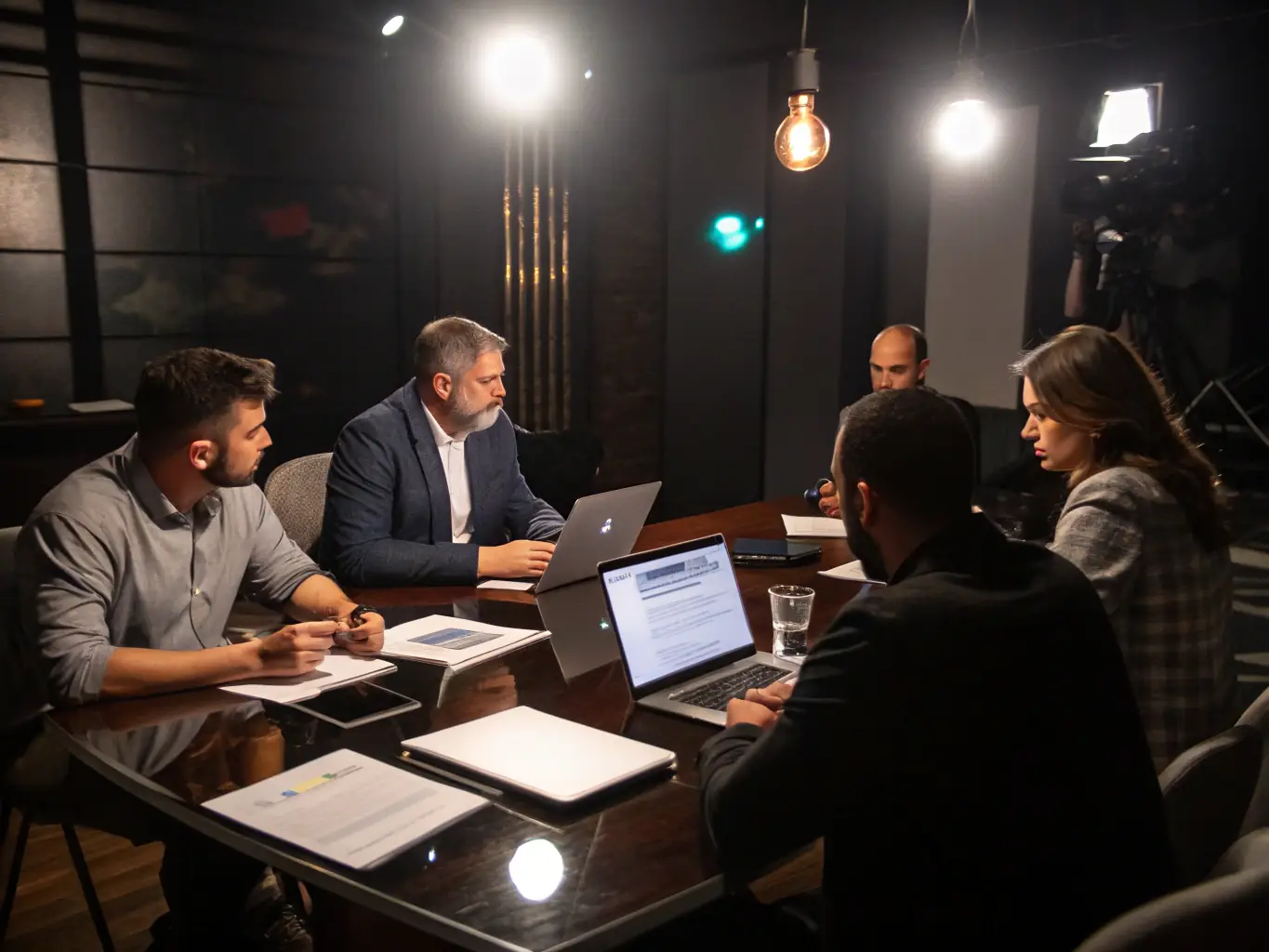An image showcasing a team of consultants collaborating with a client on a digital transformation strategy, discussing data analytics and future trends.