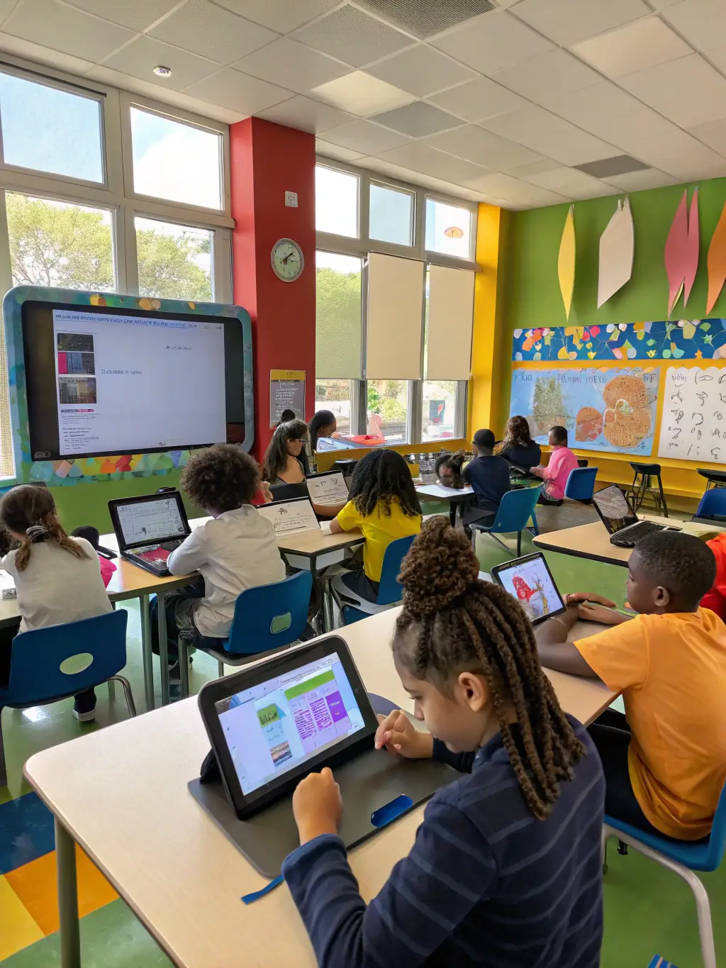 A vibrant image of students and educators using digital learning tools in a classroom, showcasing interactive and modern educational practices.